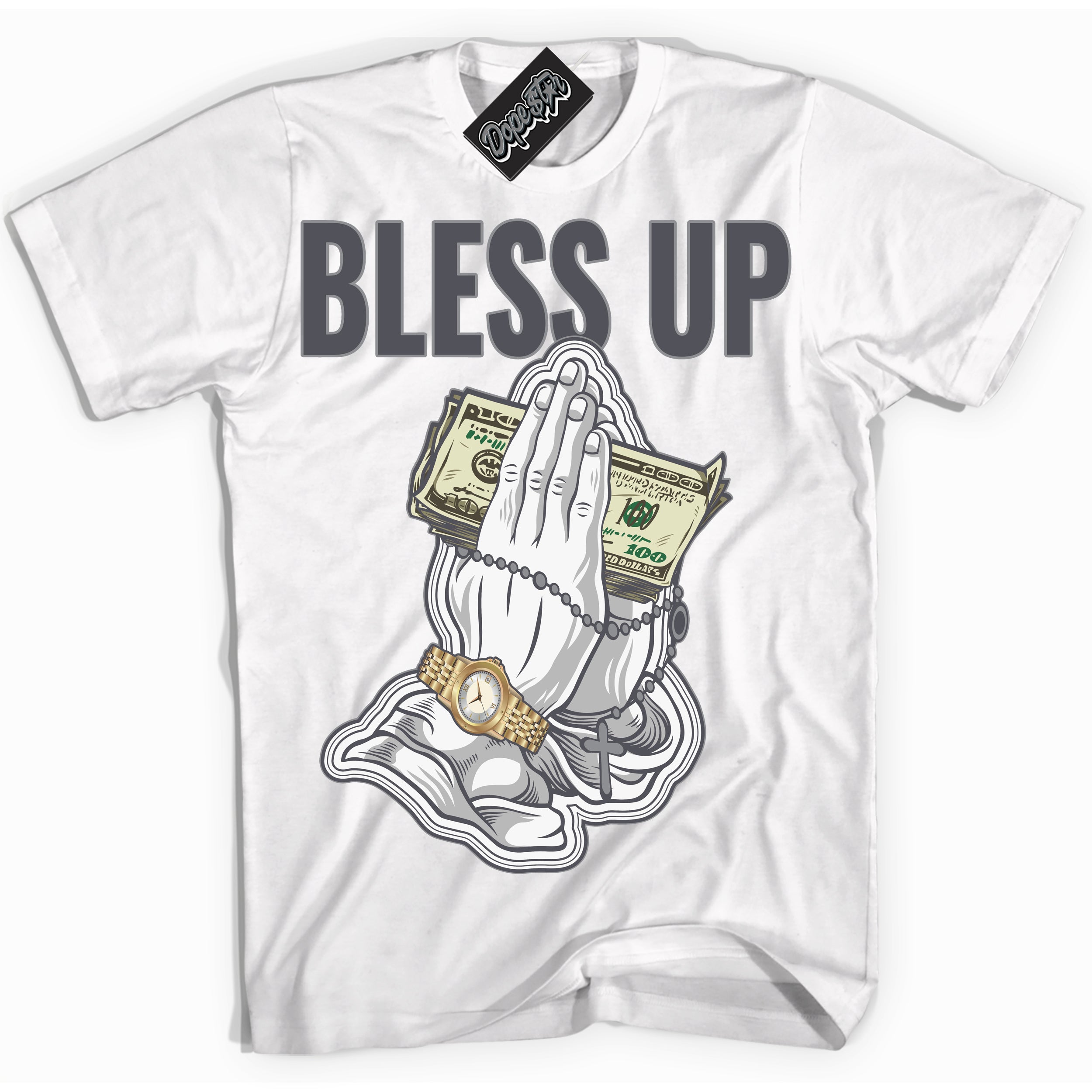 Cool White Shirt with “ Bless Up ” design that perfectly matches Paris Olympics Wet Cement 4s Jordans.
