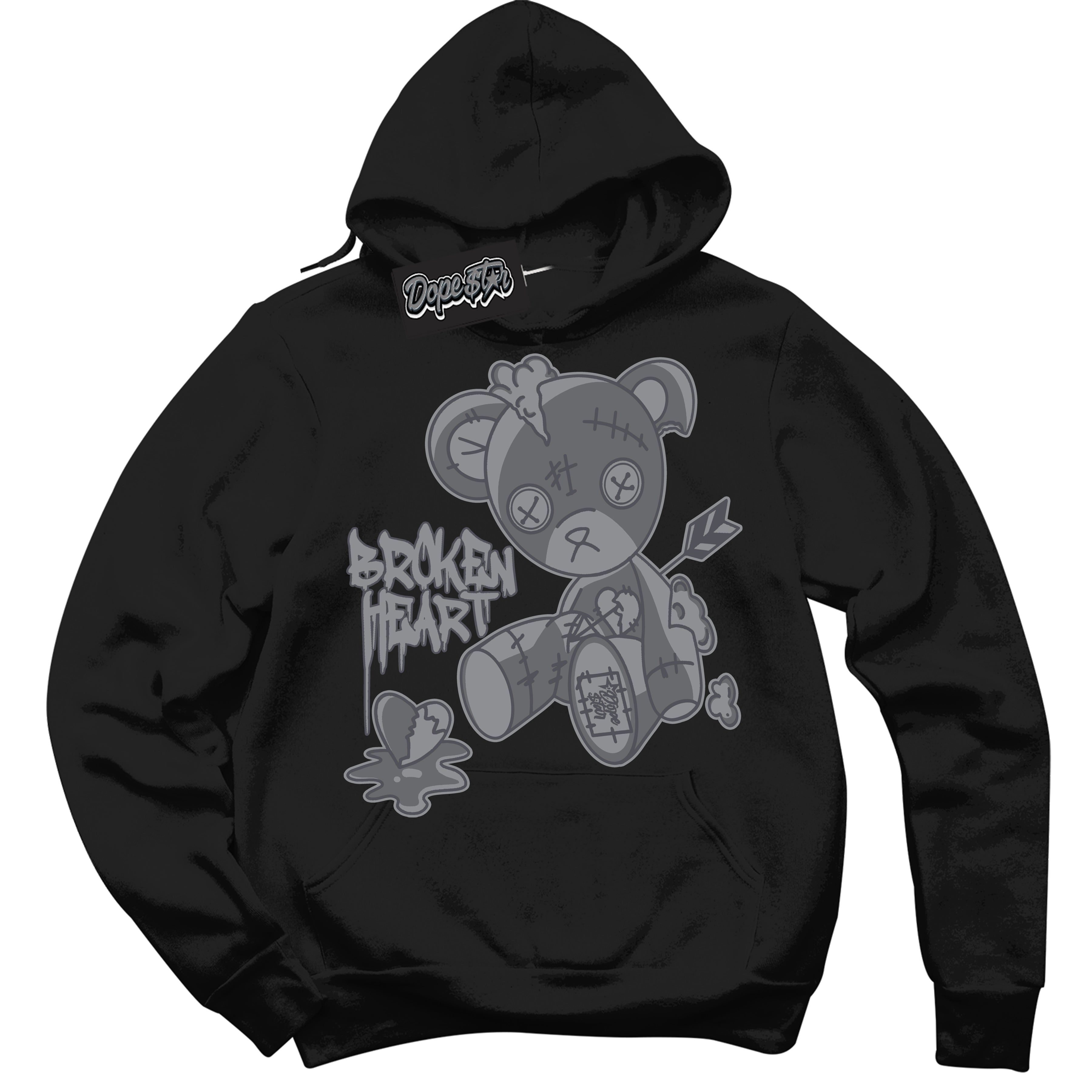 Cool Black Hoodie with “ Broken Heart Bear ”  design that Perfectly Matches Paris Olympics Wet Cement 4s Jordans.
