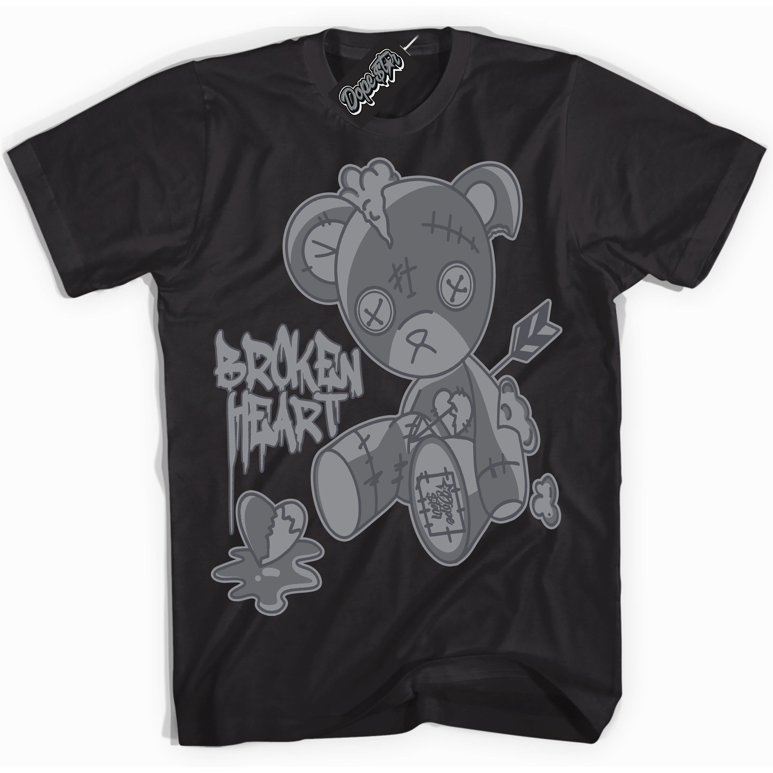 Cool Black Shirt with “ Broken Heart Bear ” design that perfectly matches Paris Olympics Wet Cement 4s Jordans.
