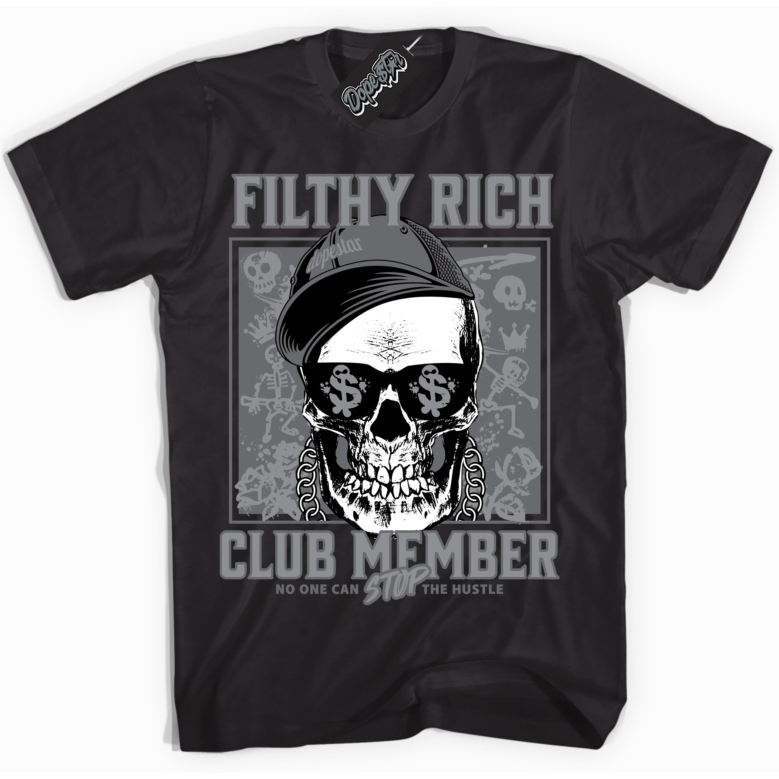 Cool Black Shirt with “ Filthy Rich ” design that perfectly matches Paris Olympics Wet Cement 4s Jordans.
