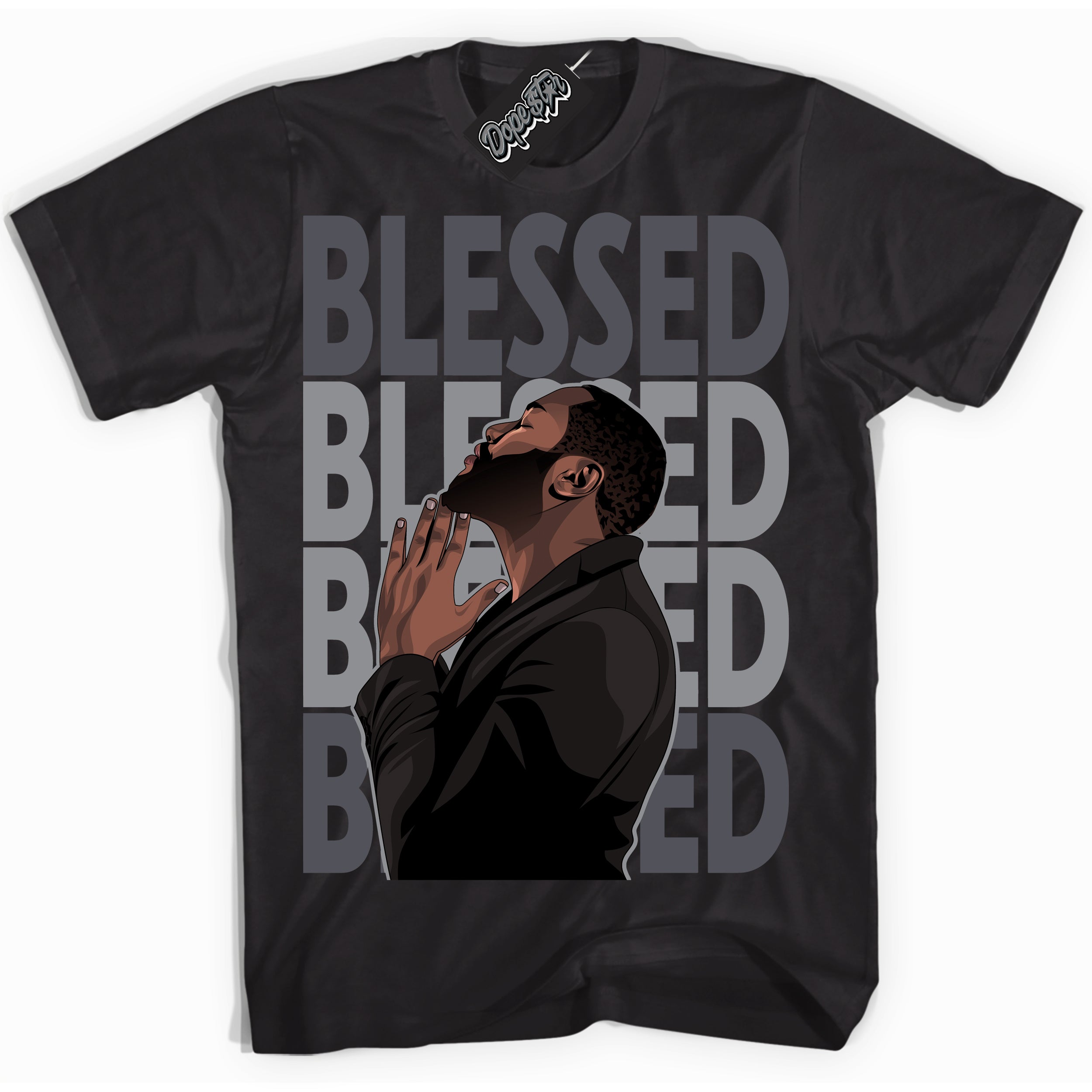 Cool Black Shirt with “ God Blessed ” design that perfectly matches Paris Olympics Wet Cement 4s Jordans.
