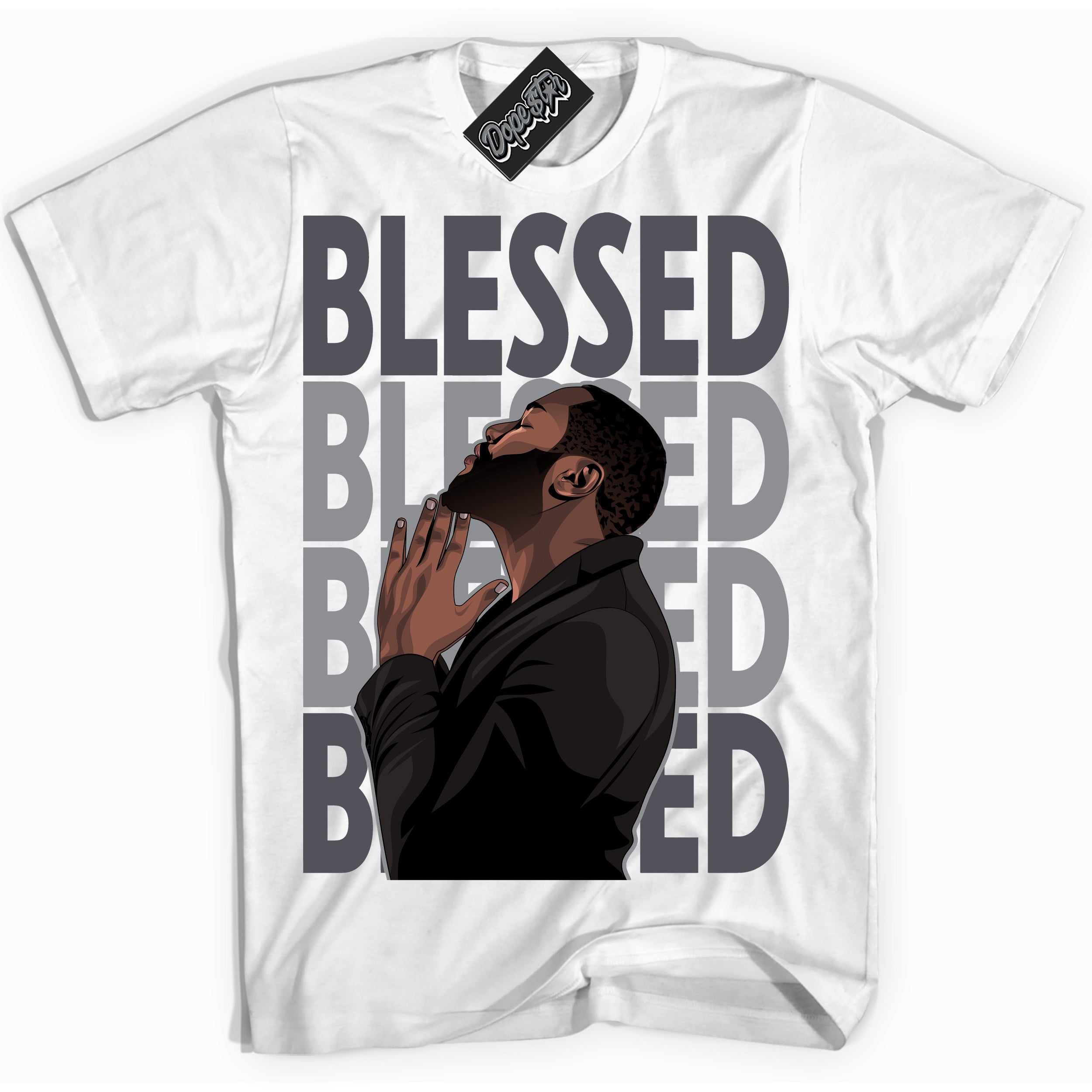 Cool White Shirt with “ God Blessed ” design that perfectly matches Paris Olympics Wet Cement 4s Jordans.
