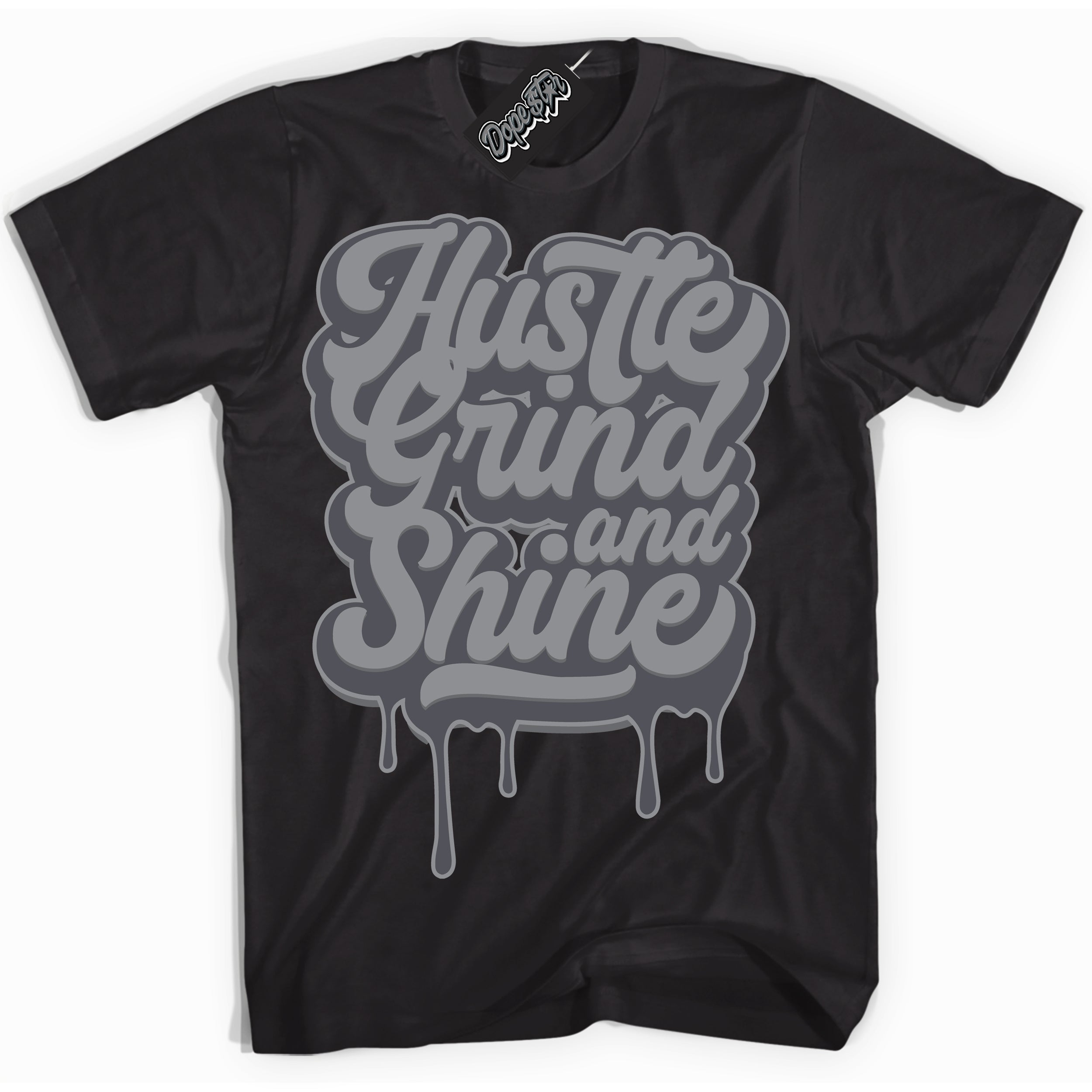 Cool Black Shirt with “ Hustle Grind And Shine ” design that perfectly matches Paris Olympics Wet Cement 4s Jordans.
