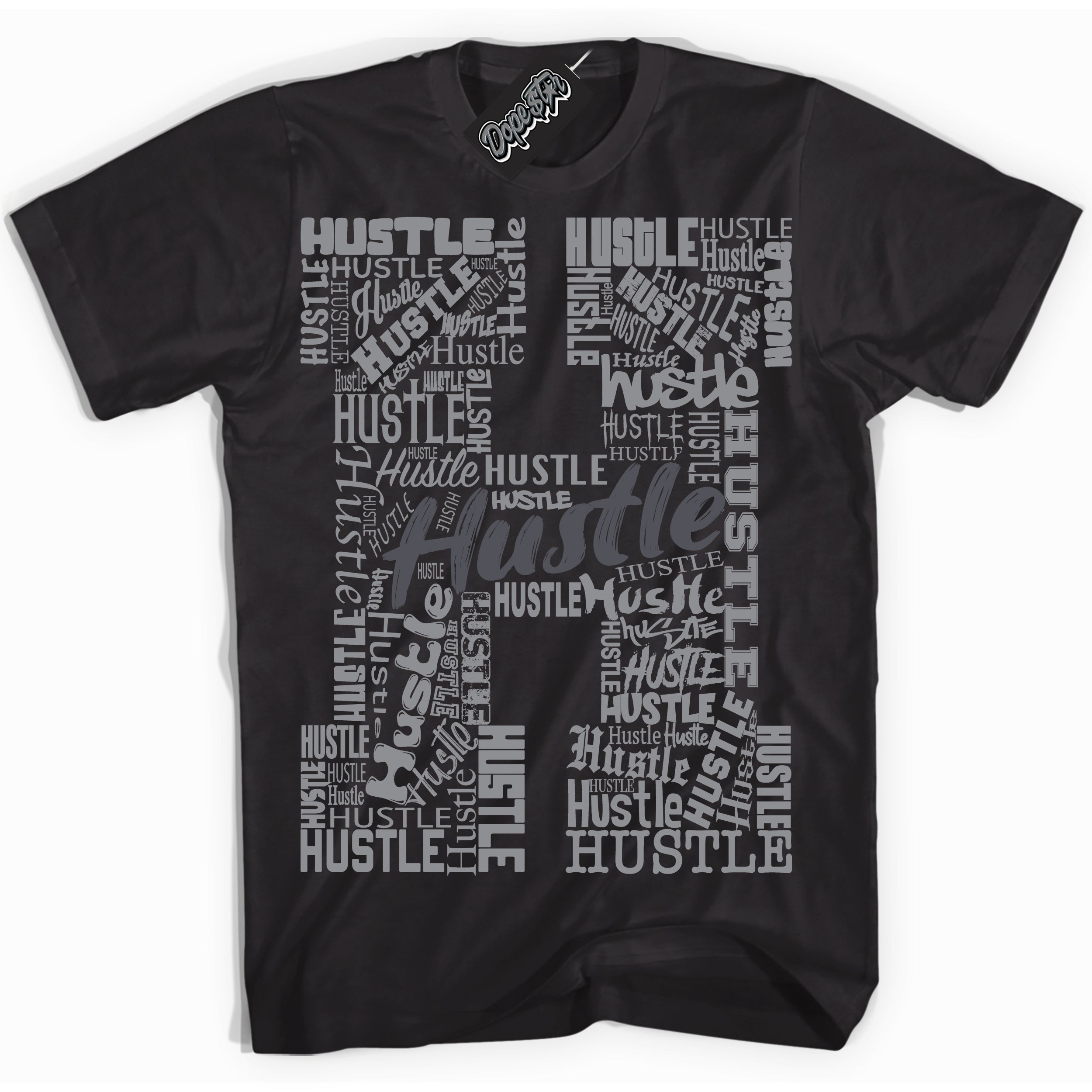 Cool Black Shirt with “ Hustle H ” design that perfectly matches Paris Olympics Wet Cement 4s Jordans.
