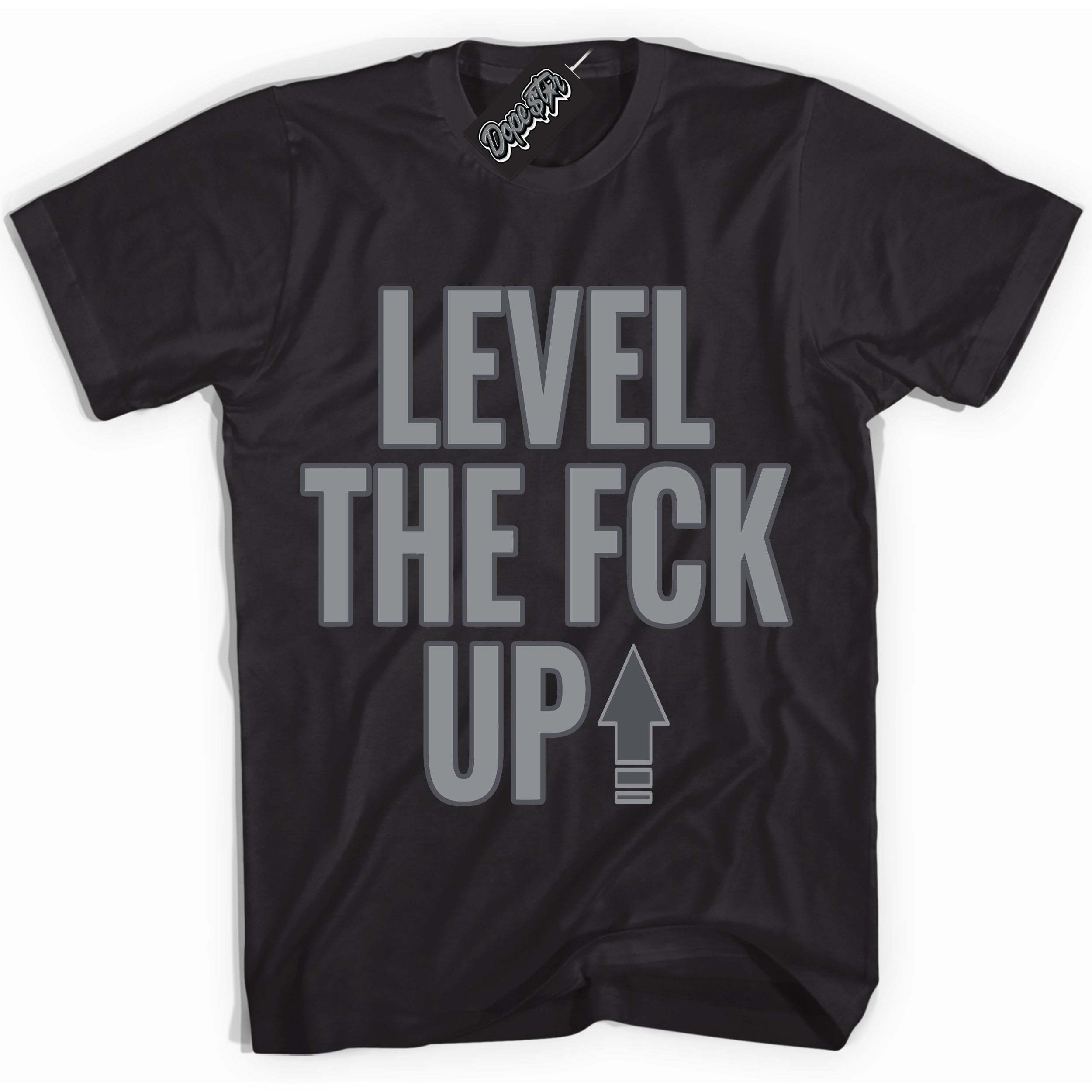 Cool Black Shirt with “ Level The Fck Up ” design that perfectly matches Paris Olympics Wet Cement 4s Jordans.
