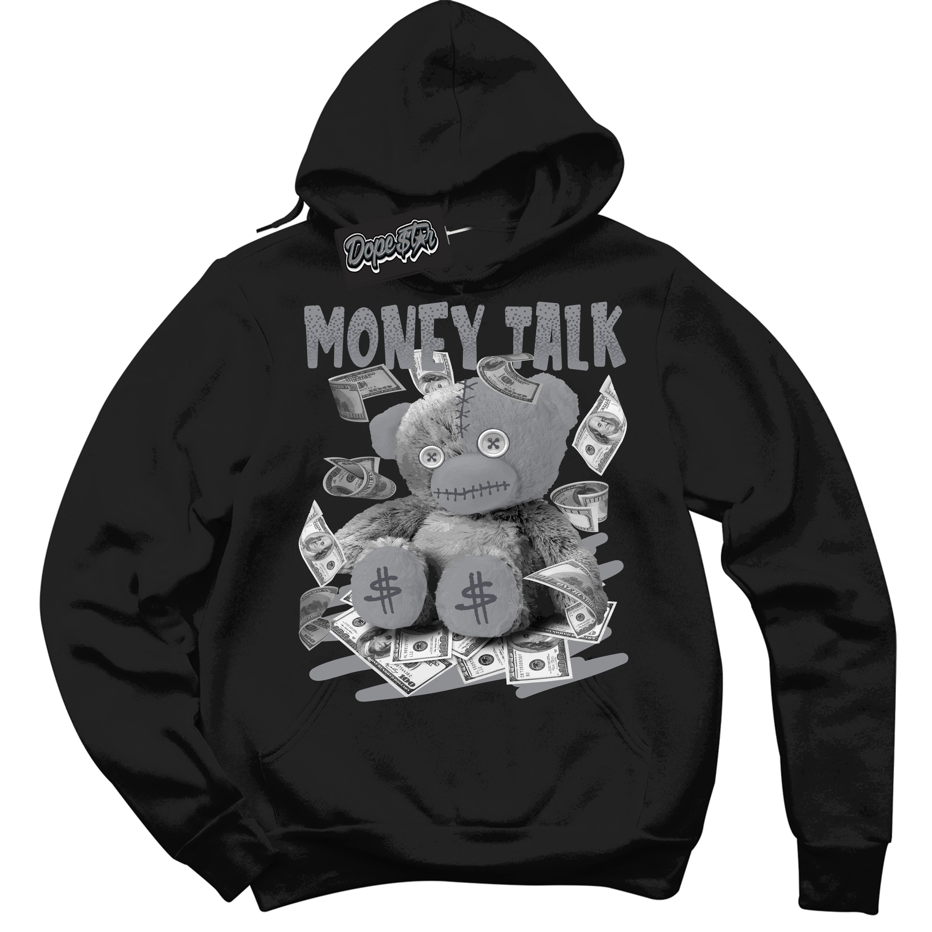 Cool Black Hoodie with “ Money Talk Bear ”  design that Perfectly Matches Paris Olympics Wet Cement 4s Jordans.
