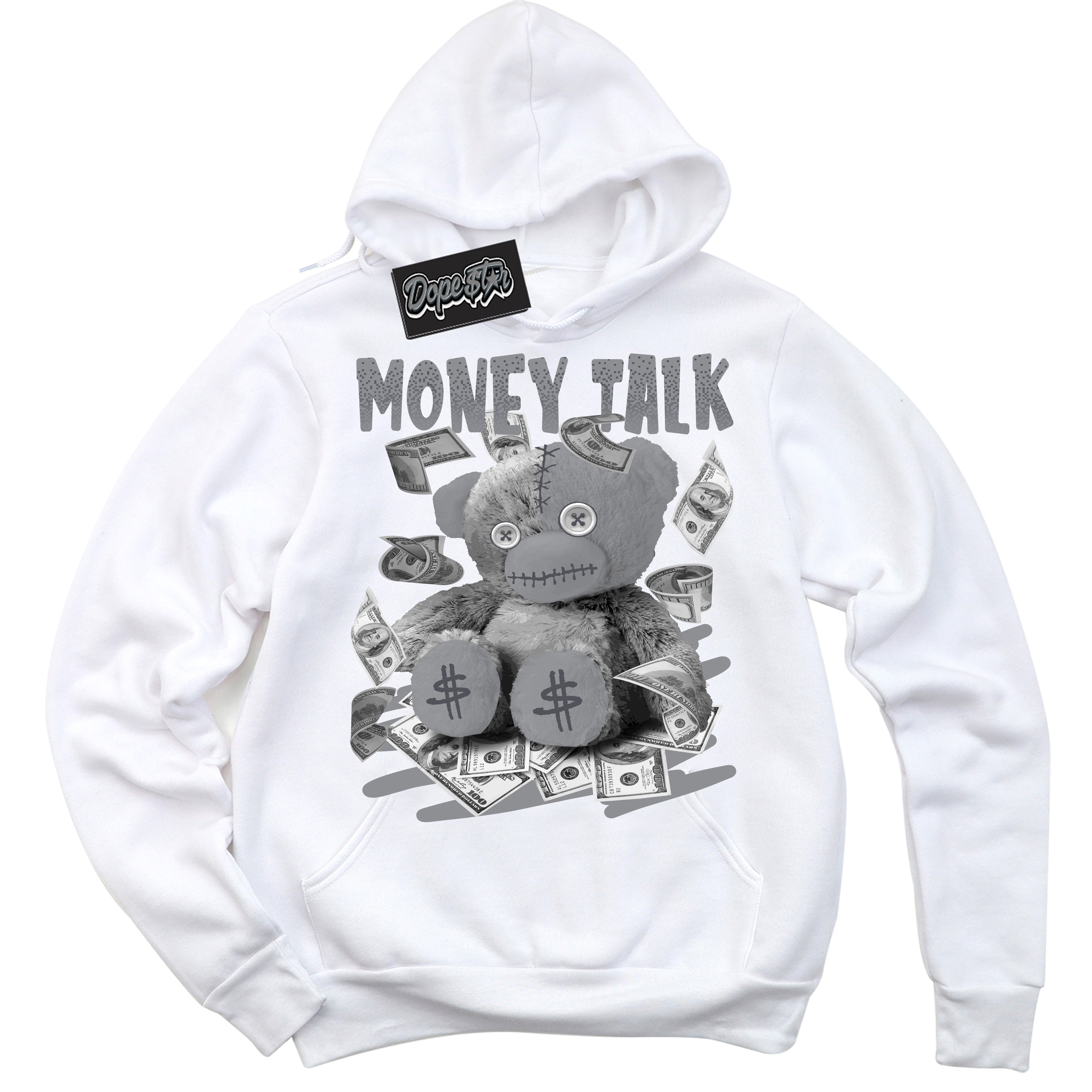 Cool White Hoodie with “ Money Talk Bear ”  design that Perfectly Matches Paris Olympics Wet Cement 4s Jordans.
