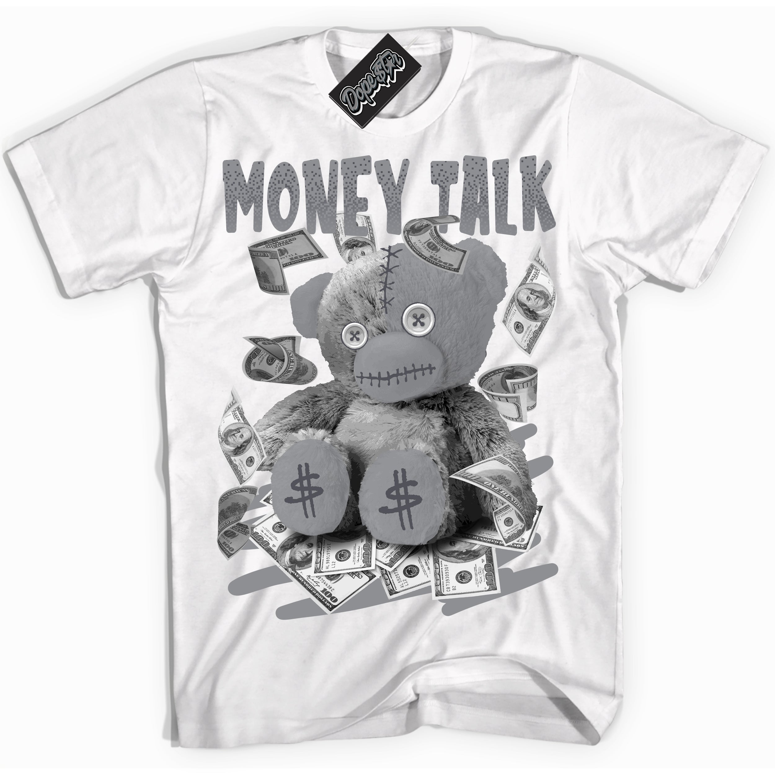 Cool White Shirt with “ Money Talk Bear ” design that perfectly matches Paris Olympics Wet Cement 4s Jordans.
