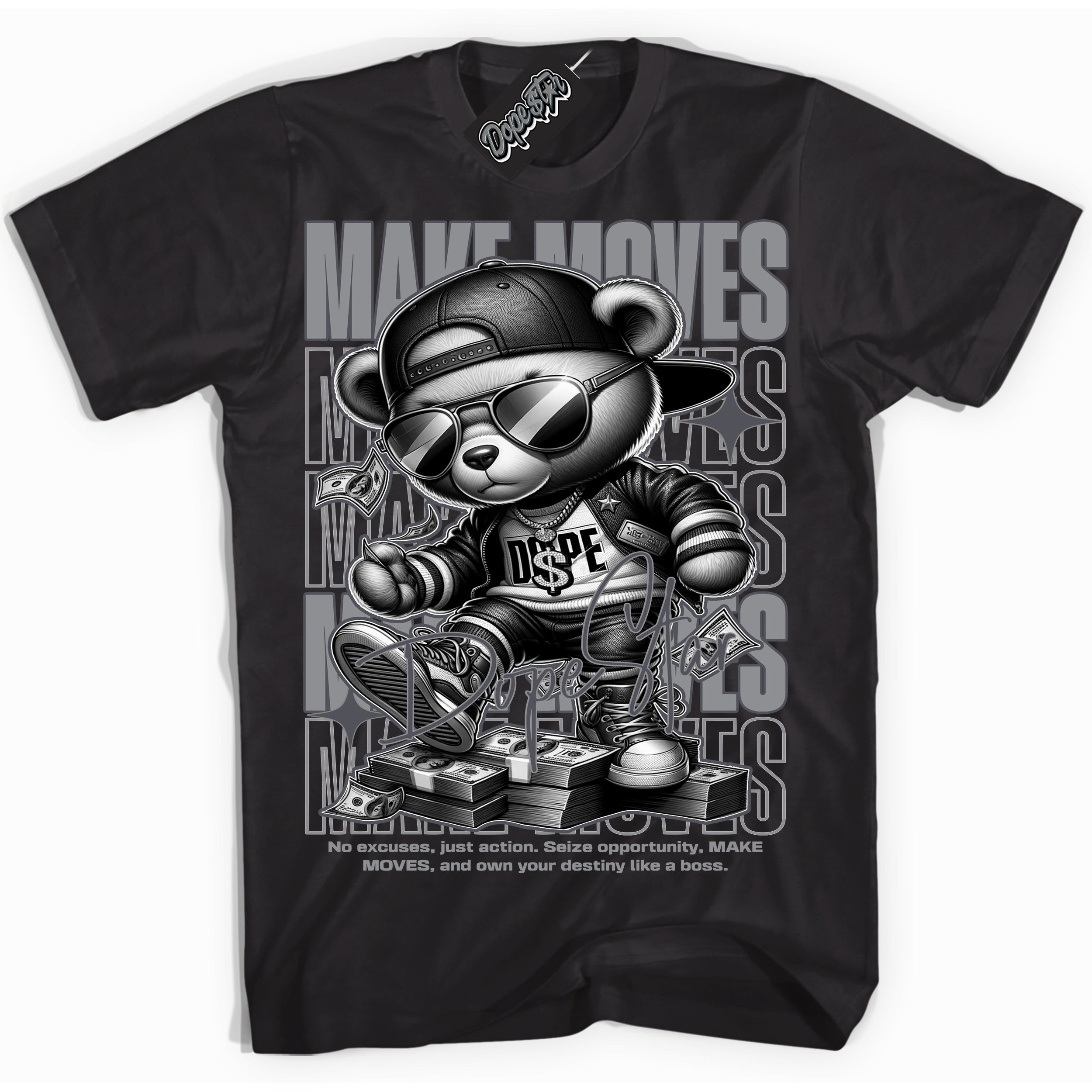 Cool Black Shirt with “ Make Moves ” design that perfectly matches Paris Olympics Wet Cement 4s Jordans.
