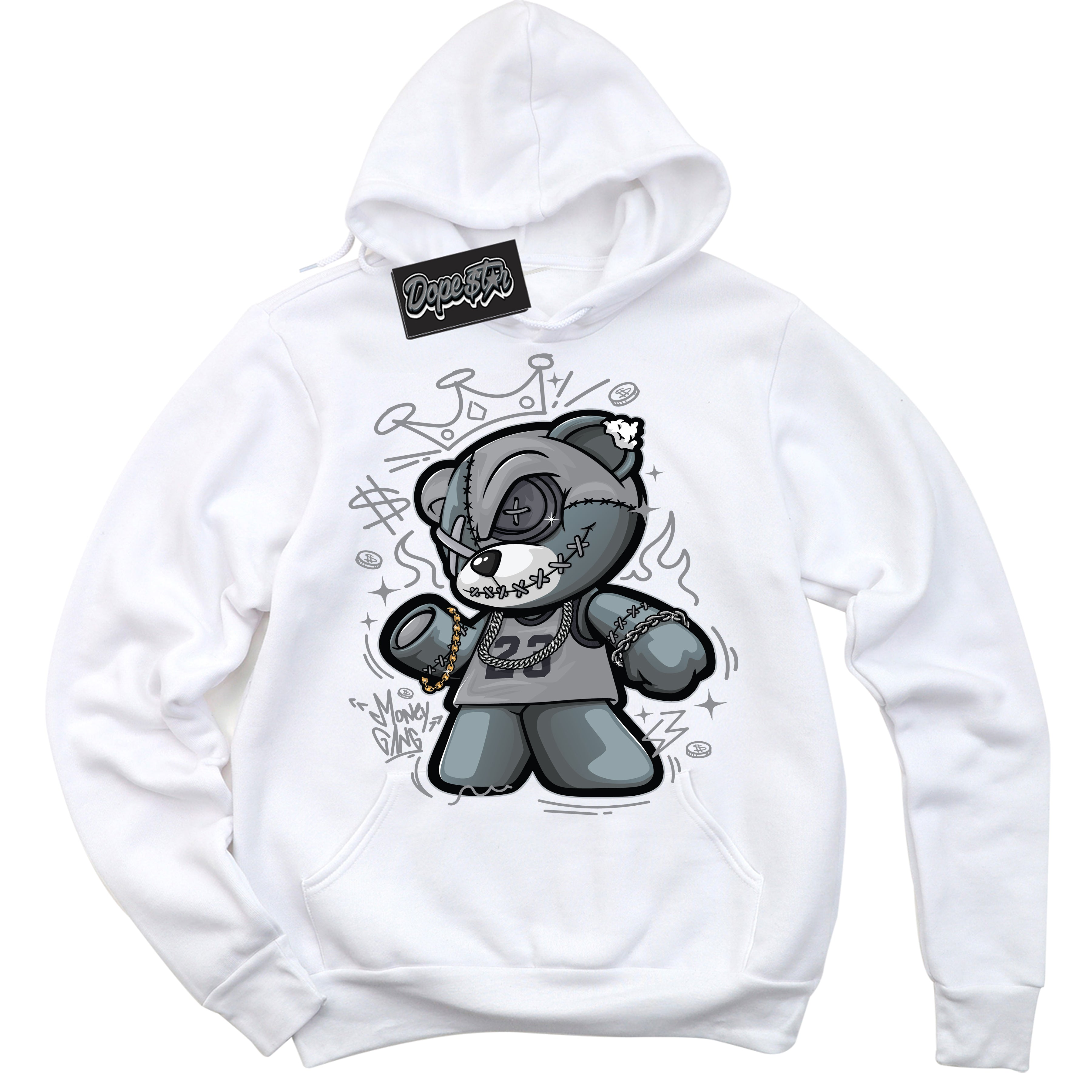 Cool White Hoodie with “ Money Gang Bear ”  design that Perfectly Matches Paris Olympics Wet Cement 4s Jordans.
