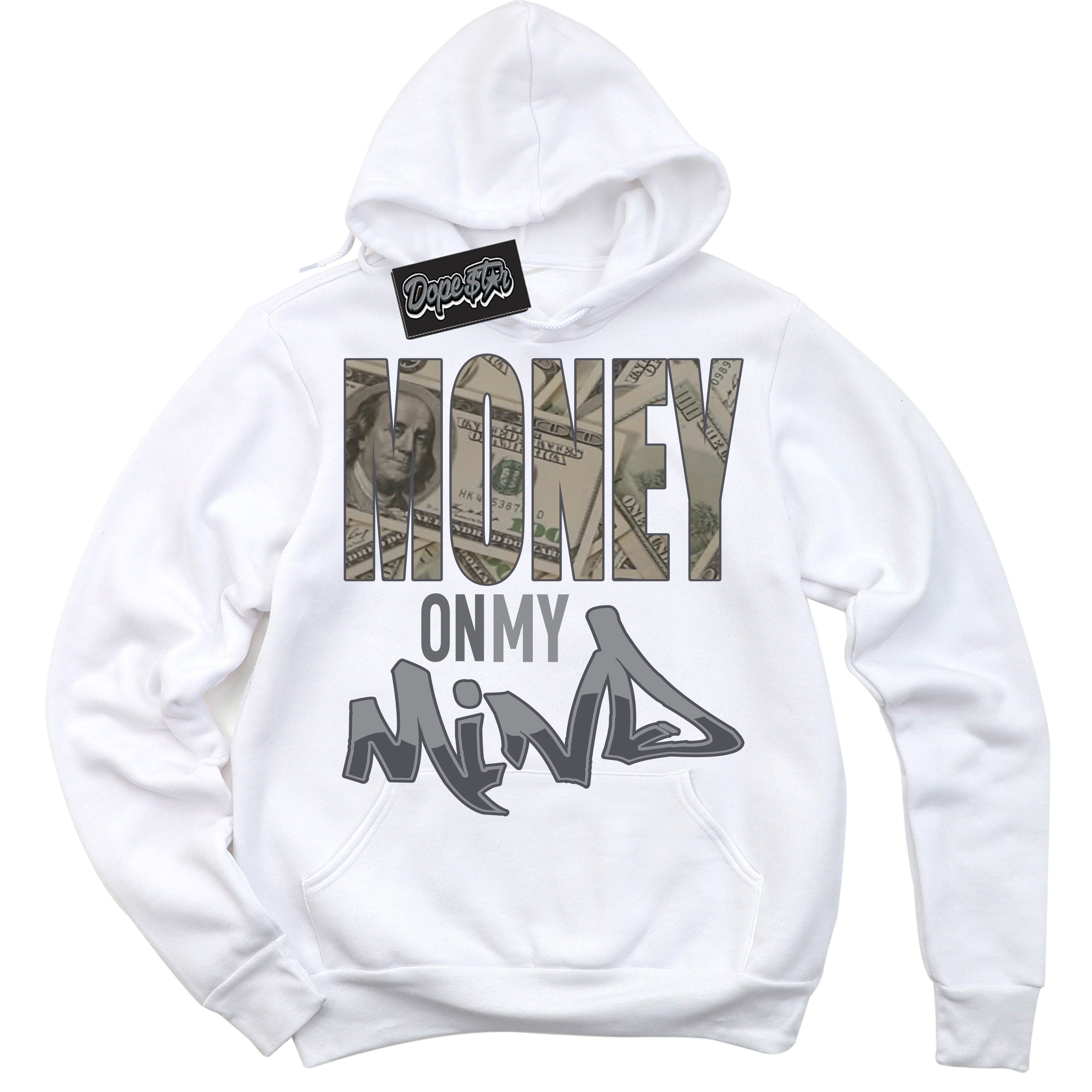 Cool White Hoodie with “ Money On My Mind ”  design that Perfectly Matches Paris Olympics Wet Cement 4s Jordans.
