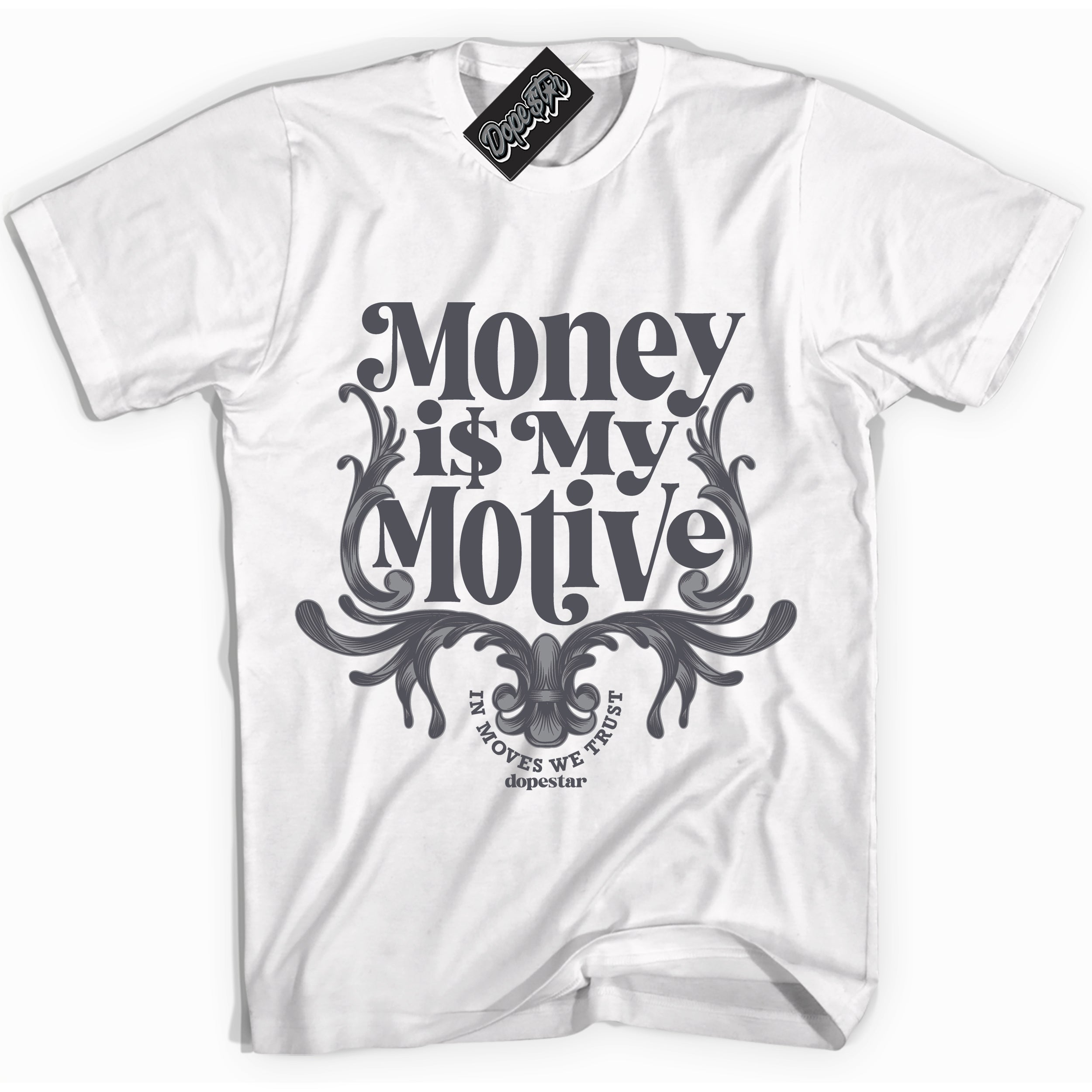 Cool White Shirt with “Money Is My Motive” design that perfectly matches the Paris Olympics Wet Cement 4s Sneakers.