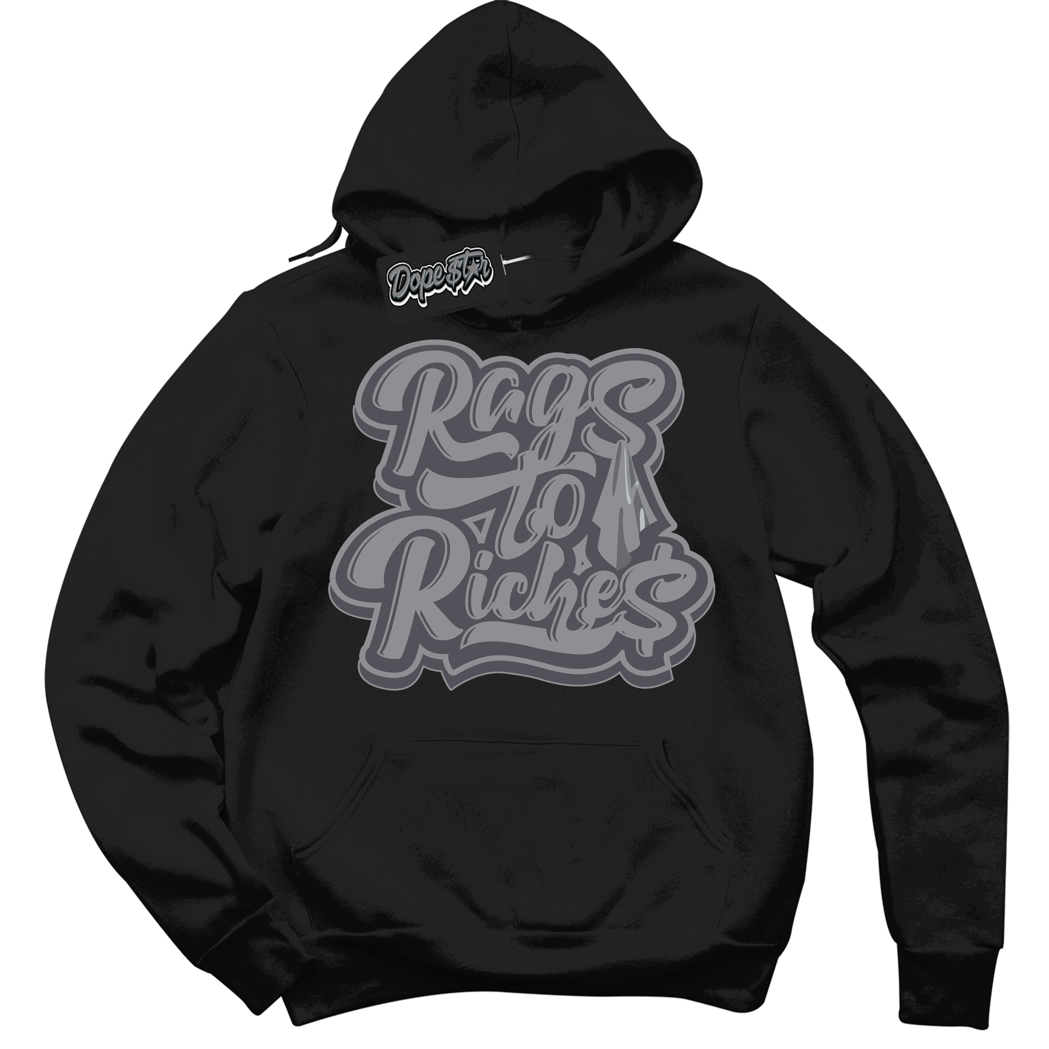 Cool Black Hoodie with “ Rags To Riches ”  design that Perfectly Matches Paris Olympics Wet Cement 4s Jordans.