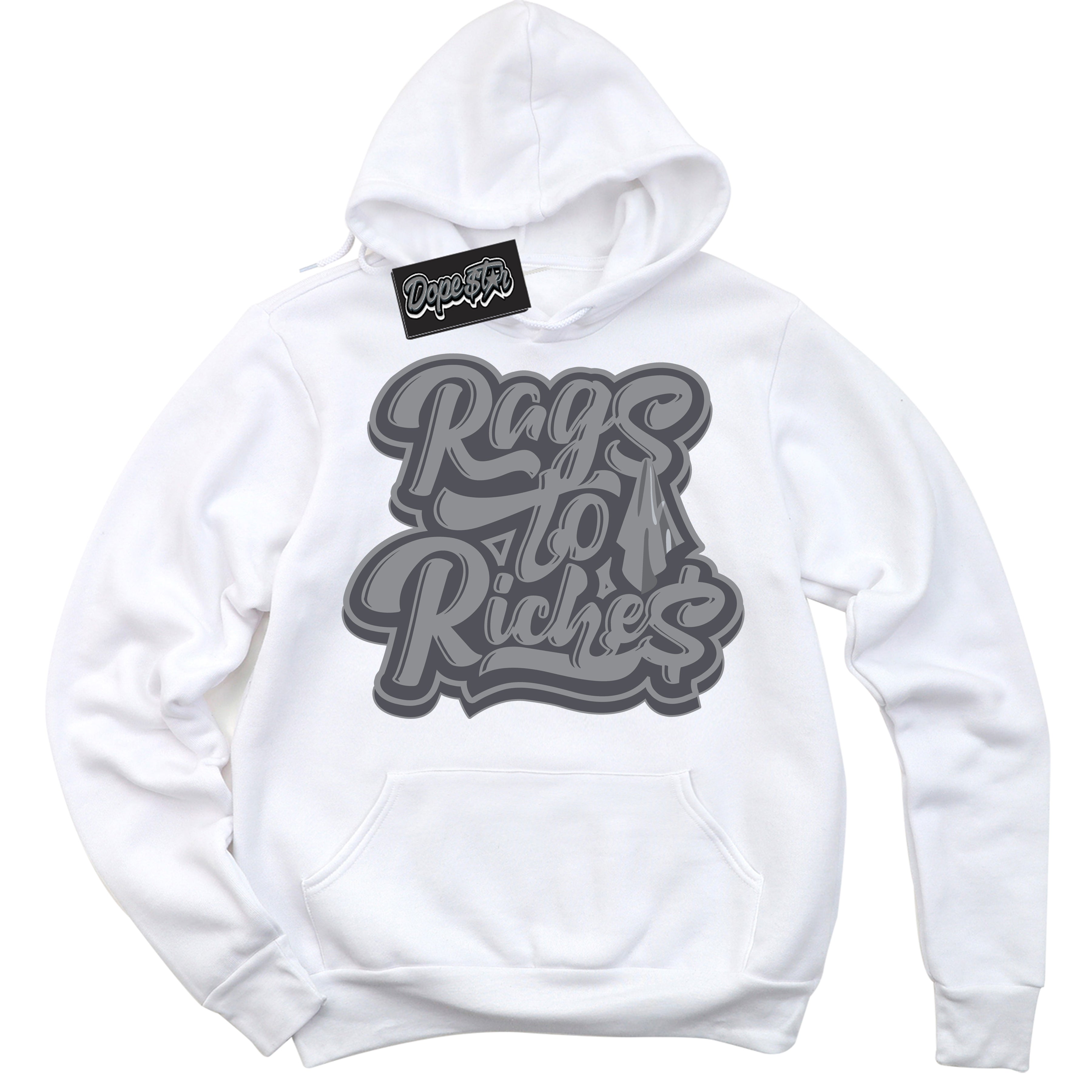 Cool White Hoodie with “ Rags To Riches ”  design that Perfectly Matches Paris Olympics Wet Cement 4s Jordans.
