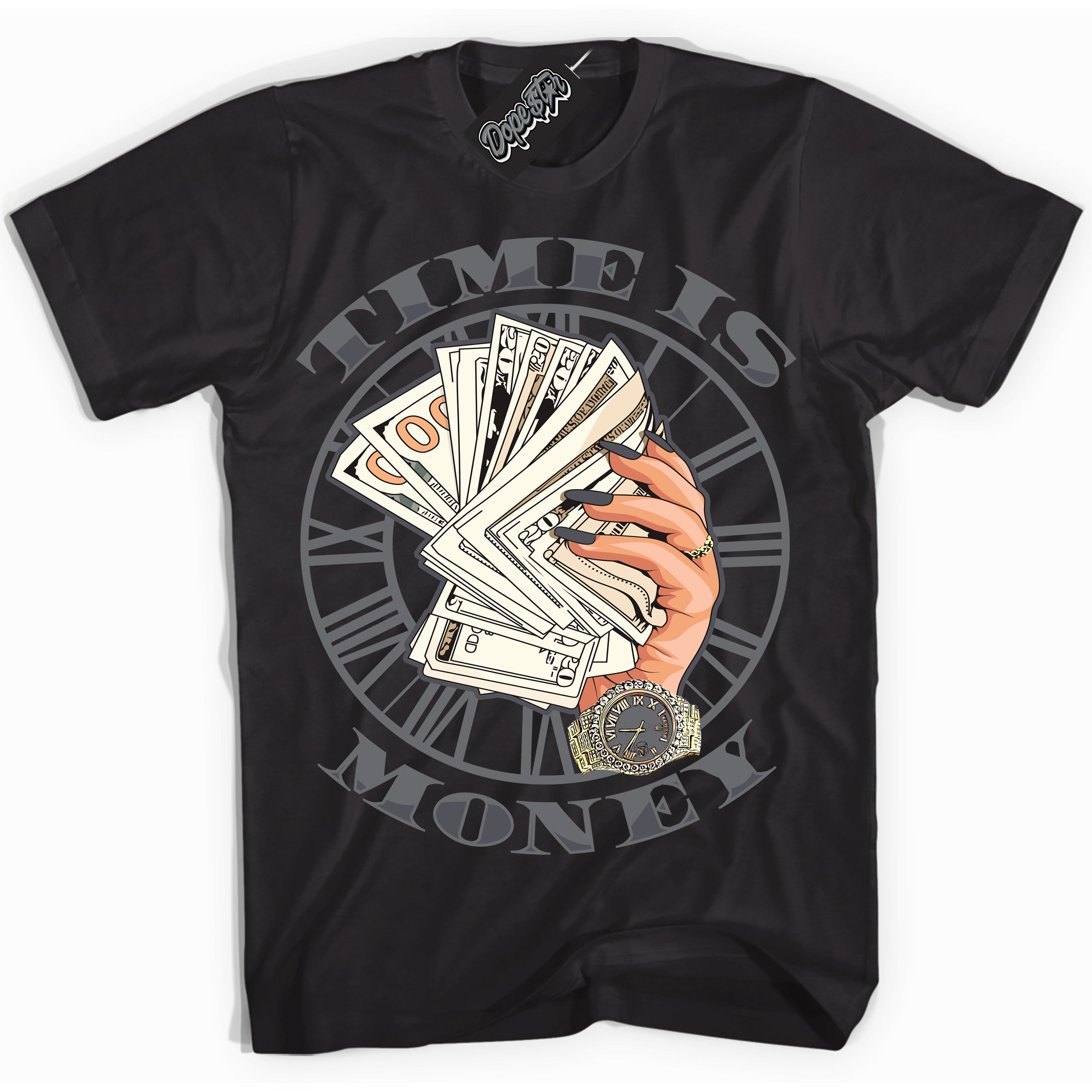 Cool Black Shirt with “ Time Is Money ” design that perfectly matches Paris Olympics Wet Cement 4s Jordans.
