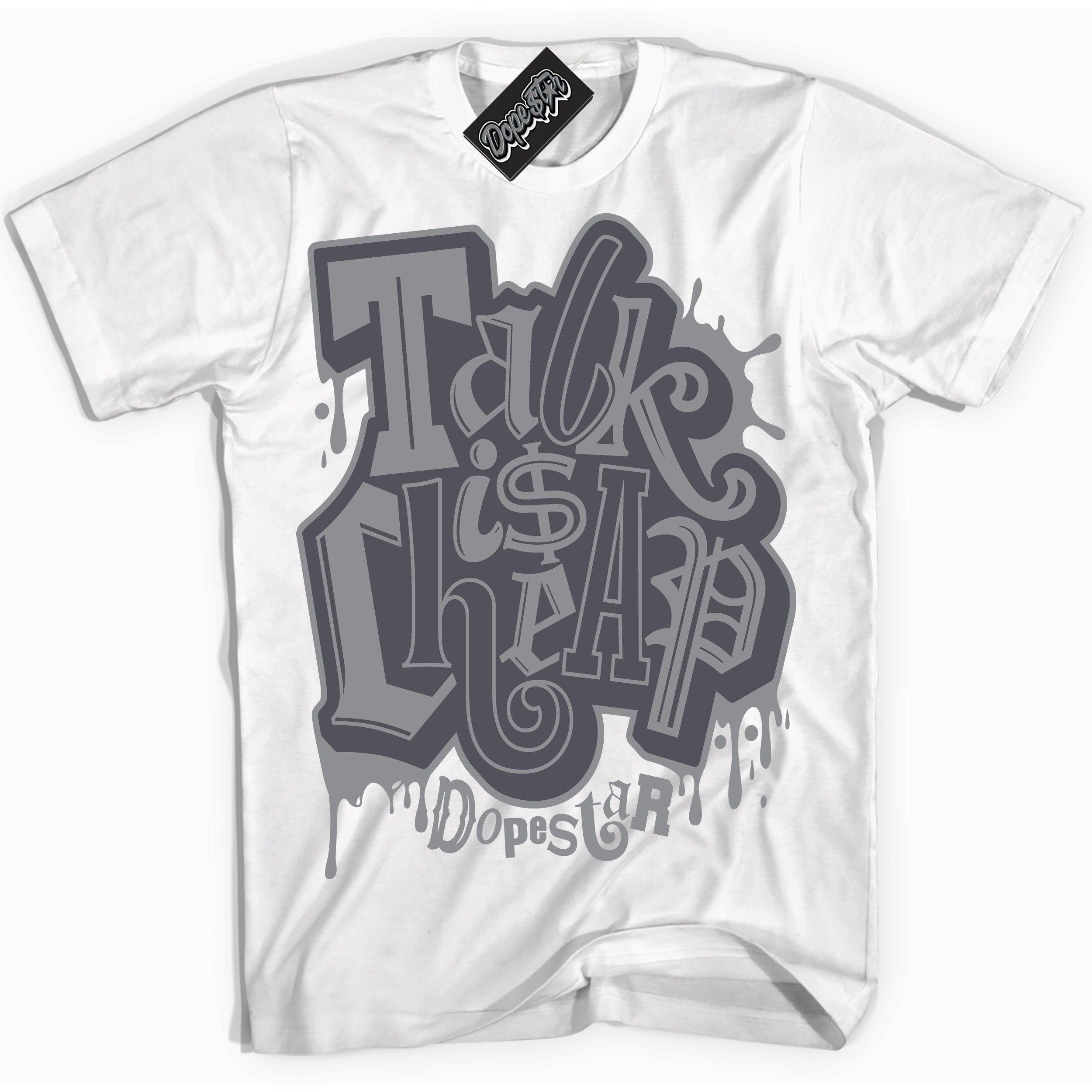 Cool White Shirt with “ Talk Is Cheap ” design that perfectly matches Paris Olympics Wet Cement 4s Jordans.
