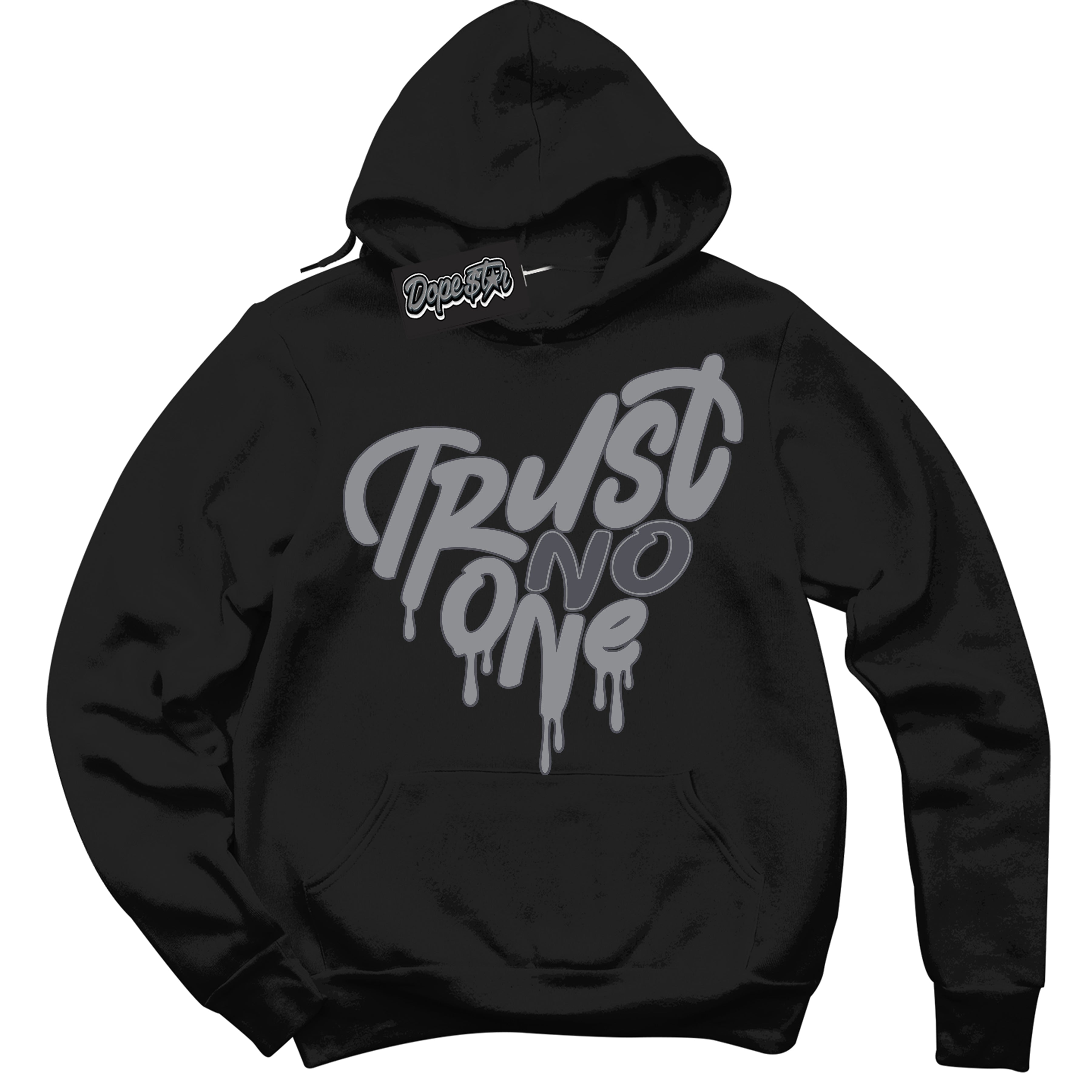 Cool Black Hoodie with “ Trust No One Heart ”  design that Perfectly Matches Paris Olympics Wet Cement 4s Jordans.
