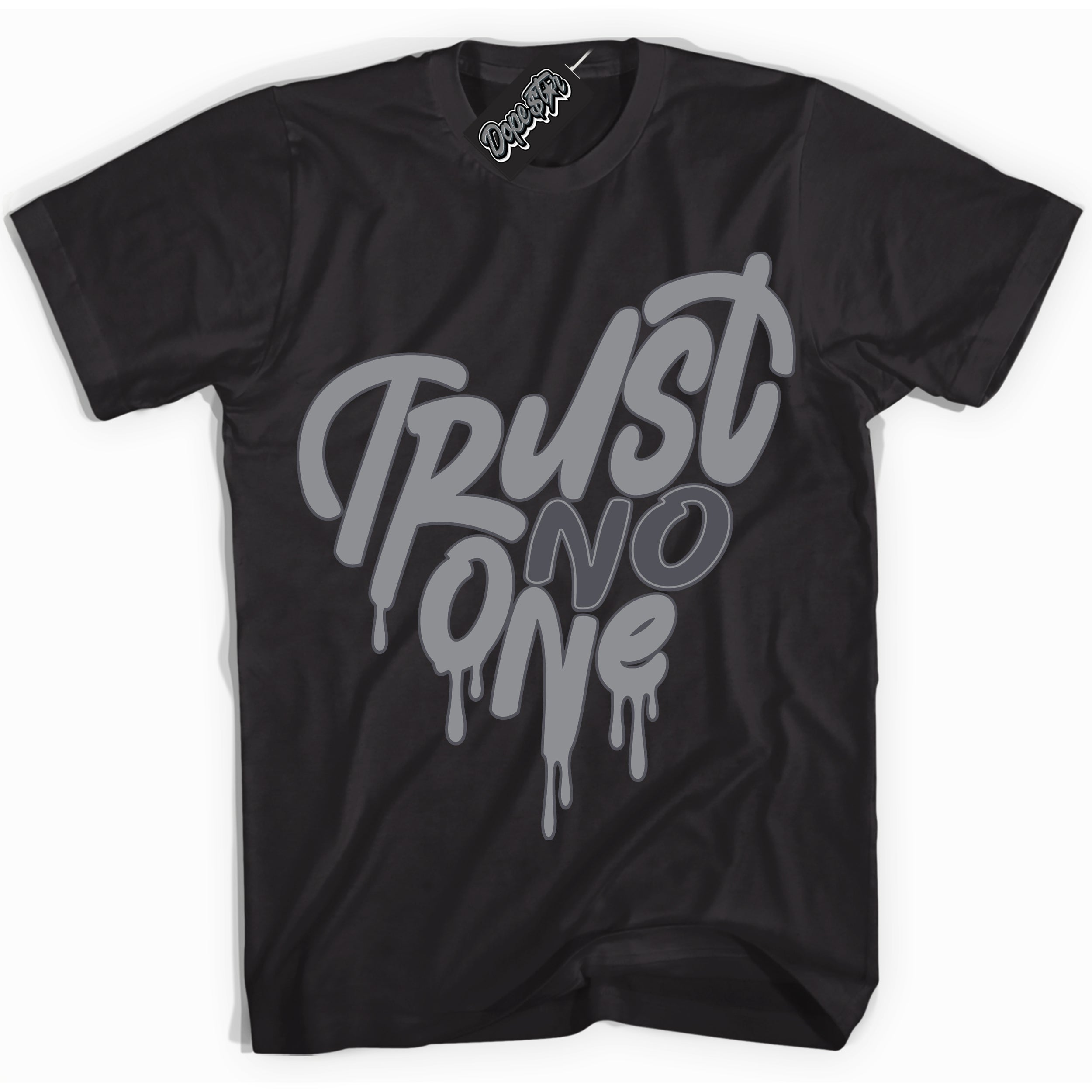 Cool Black Shirt with “ Trust No One Heart ” design that perfectly matches Paris Olympics Wet Cement 4s Jordans.
