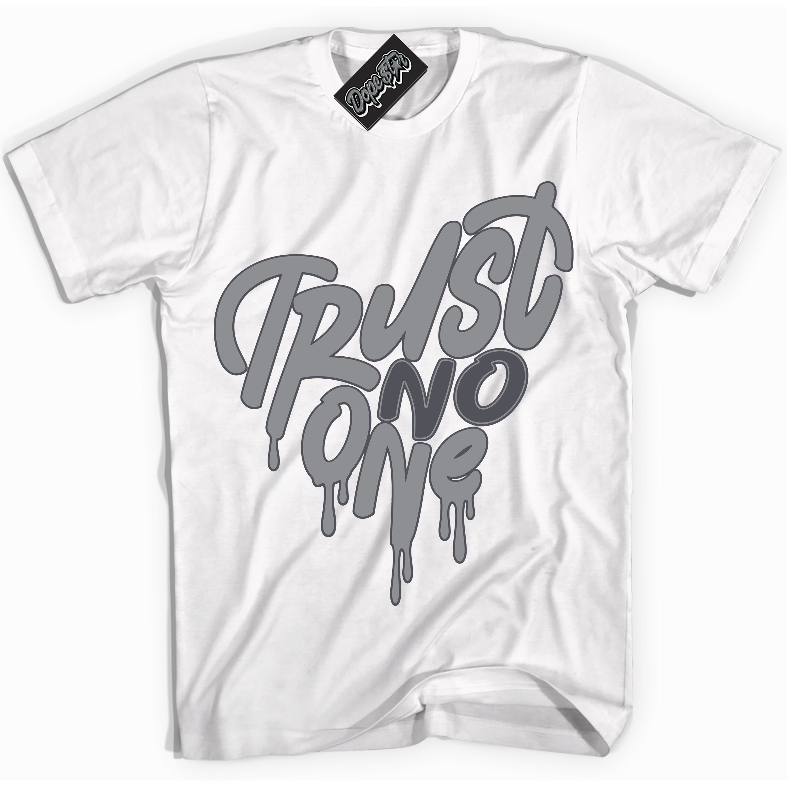 Cool White Shirt with “ Trust No One Heart ” design that perfectly matches Paris Olympics Wet Cement 4s Jordans.
