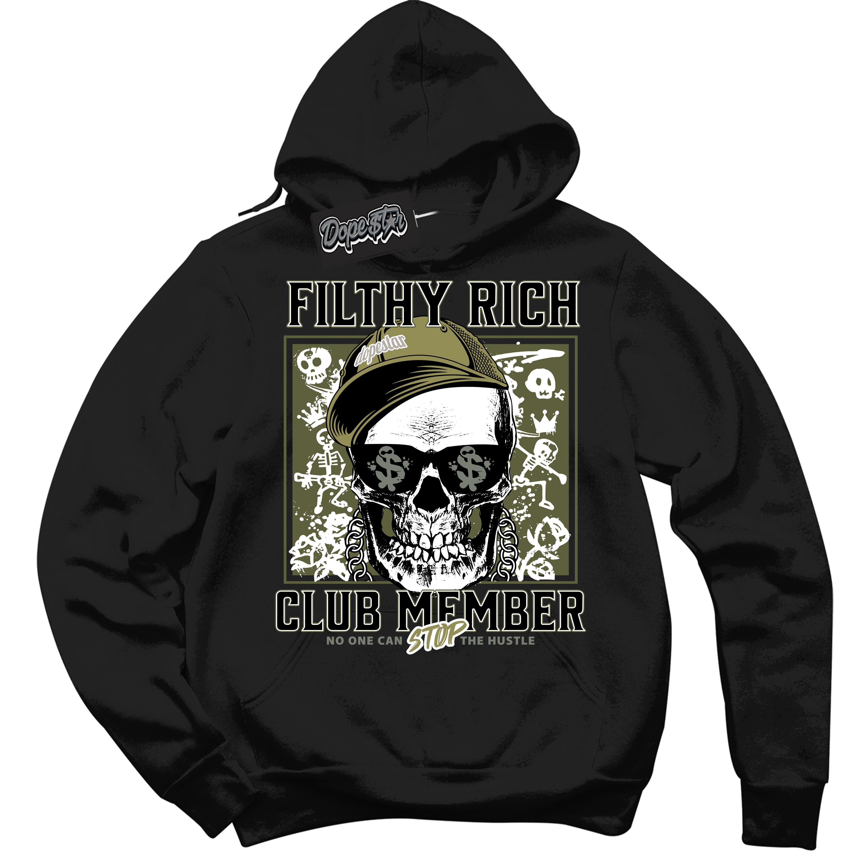 Cool Black Hoodie with “ Filthy Rich ”  design that Perfectly Matches Craft Olive 4s Sneakers.