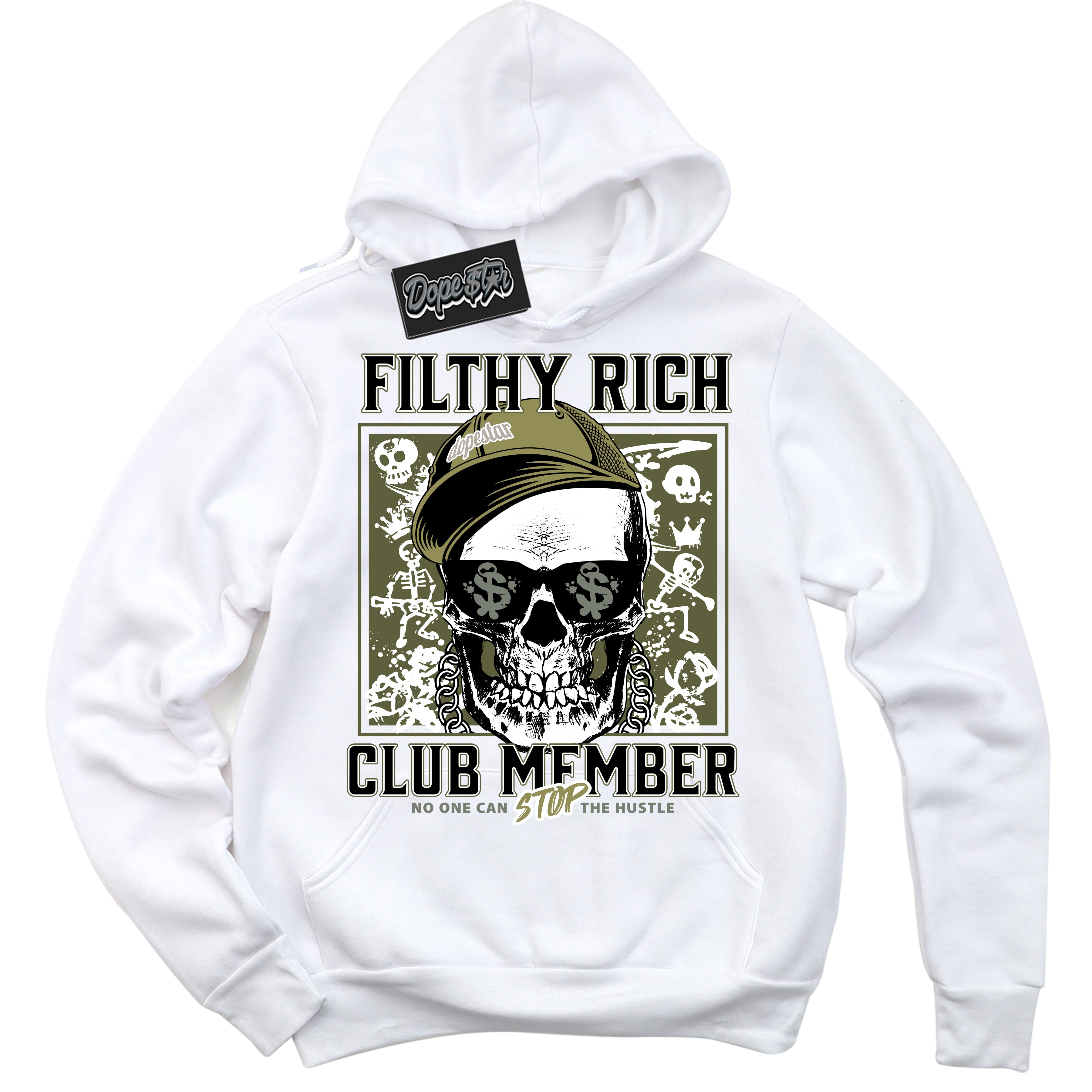 Cool White Hoodie with “ Filthy Rich ”  design that Perfectly Matches Craft Olive 4s Sneakers.