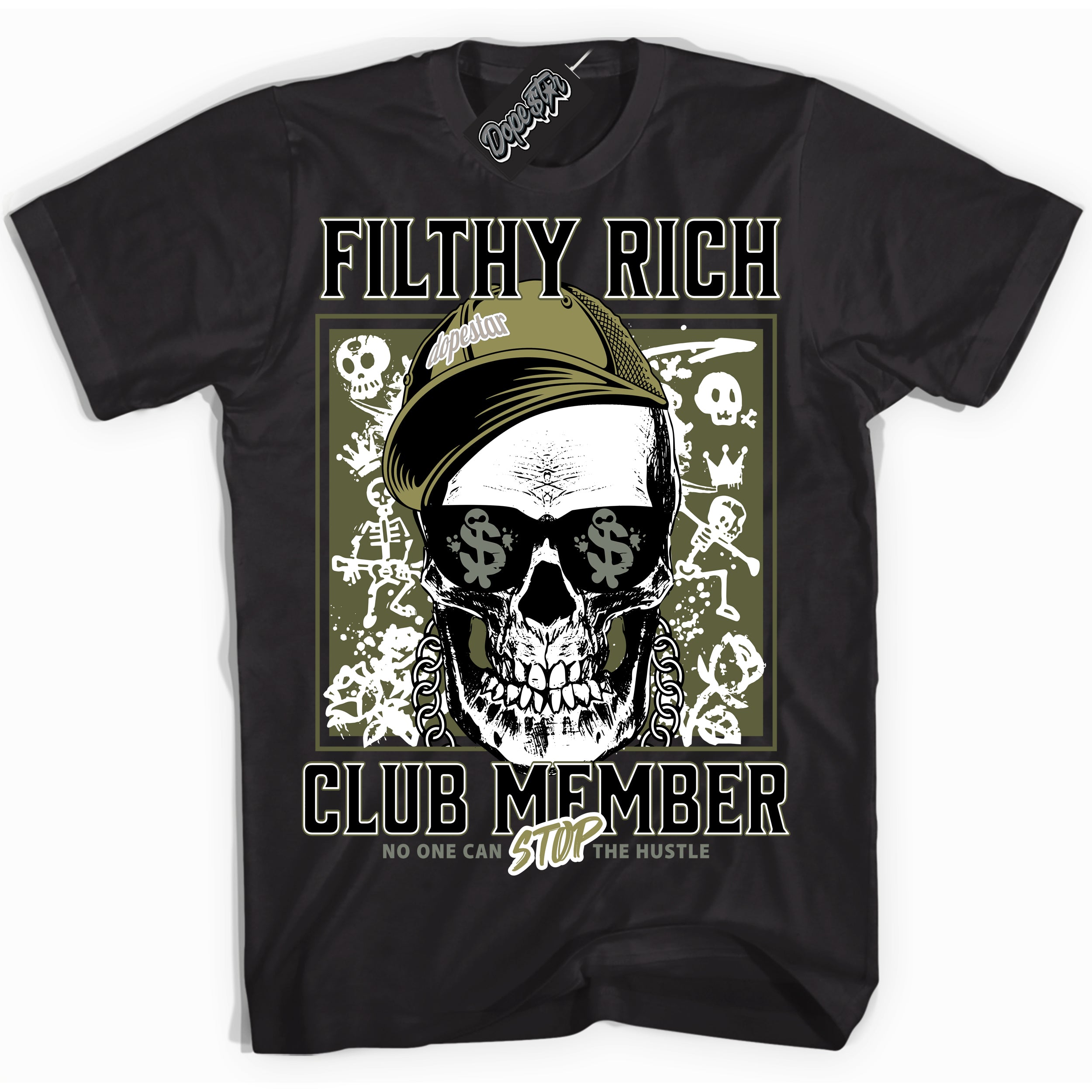 Cool Black Shirt with “ Filthy Rich” design that perfectly matches Craft Olive 4s Sneakers.