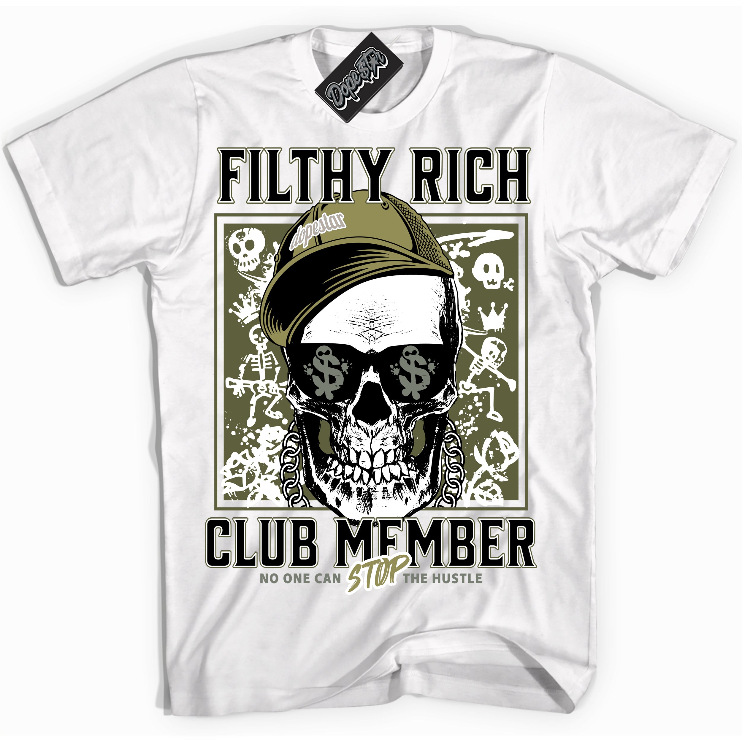 Cool White Shirt with “ Filthy Rich” design that perfectly matches Craft Olive 4s Sneakers.