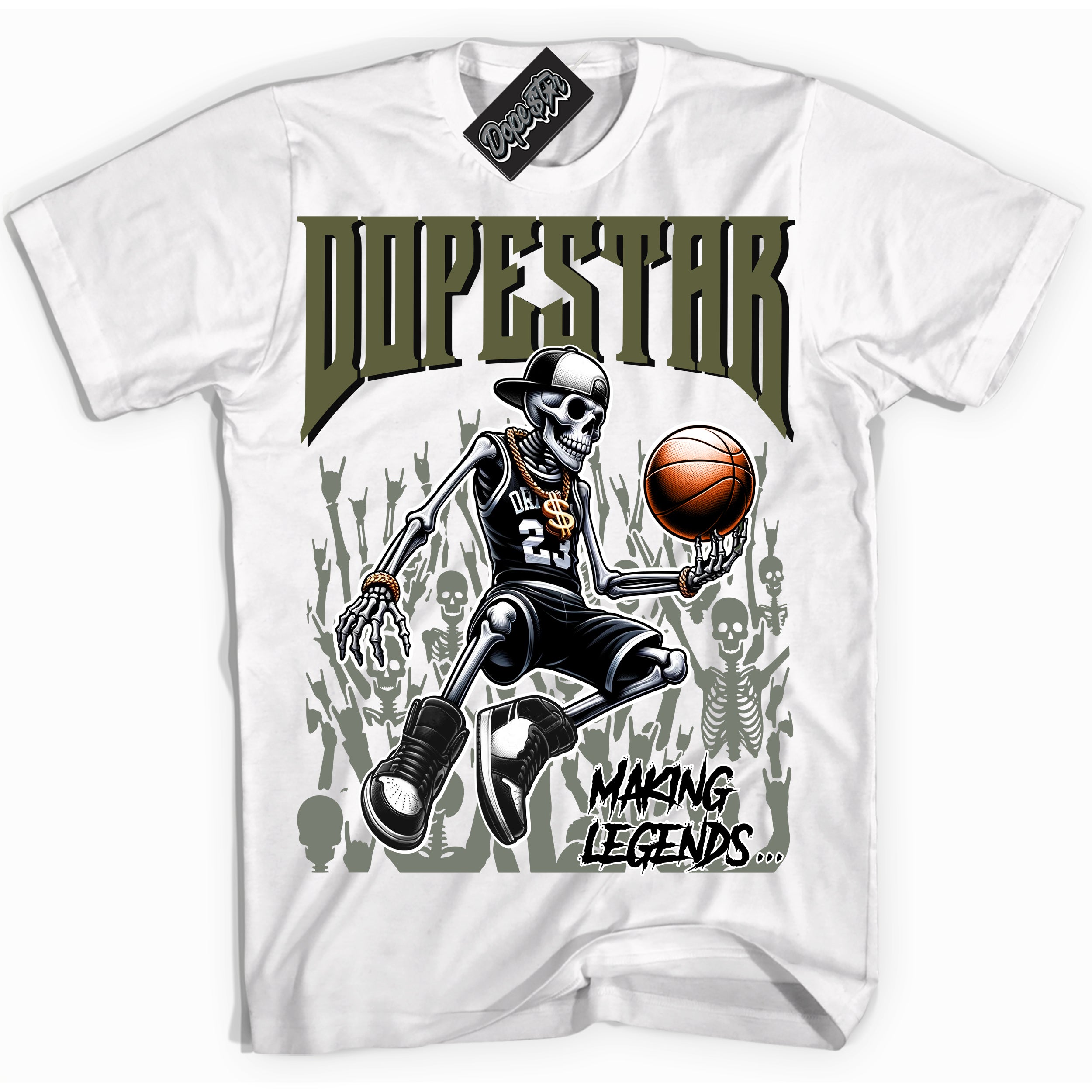 Cool White Shirt with “ Making Legends ” design that perfectly matches Craft Olive 4s Sneakers.