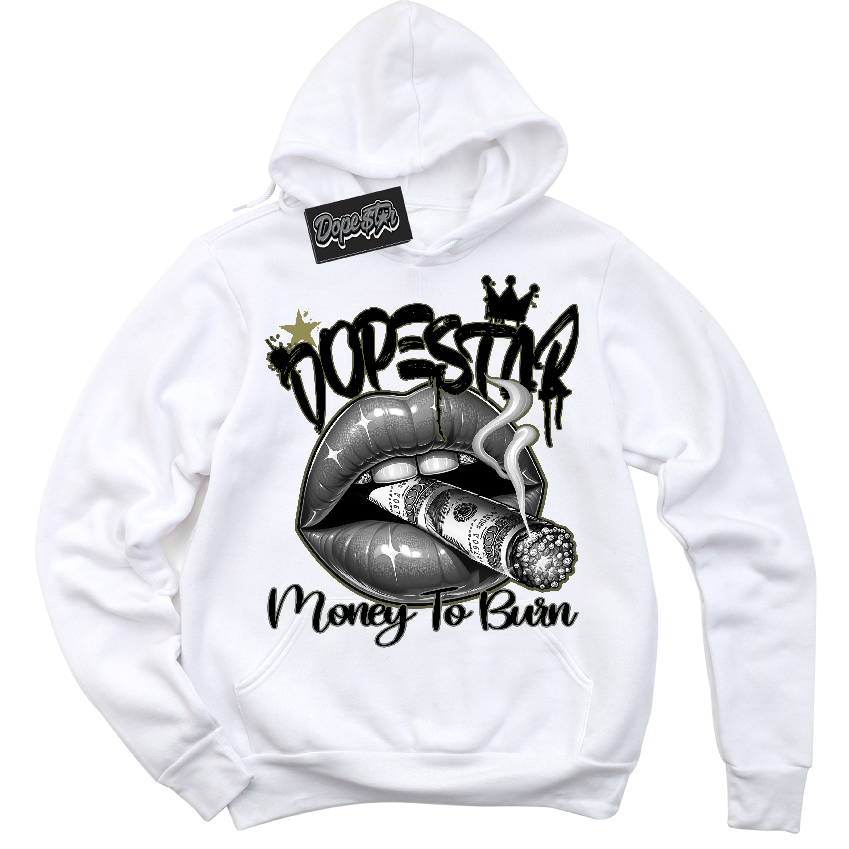 Cool White Hoodie with “ Money To Burn ”  design that Perfectly Matches Craft Olive 4s Sneakers.