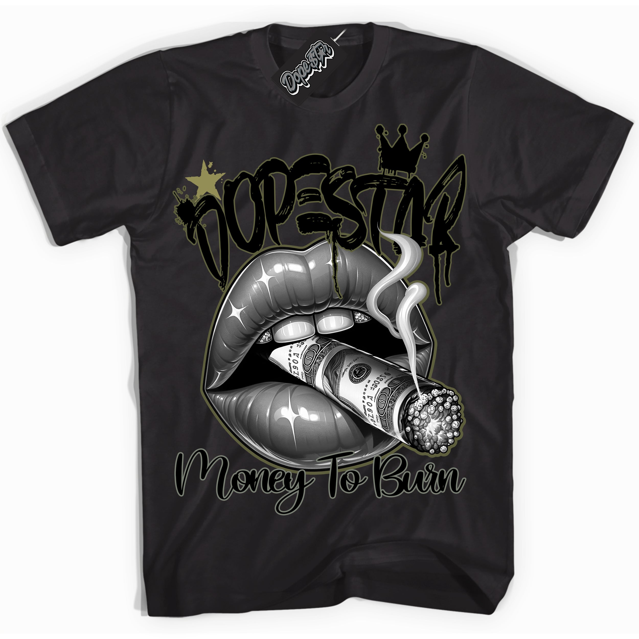 Cool Black Shirt with “ Money To Burn” design that perfectly matches Craft Olive 4s Sneakers.