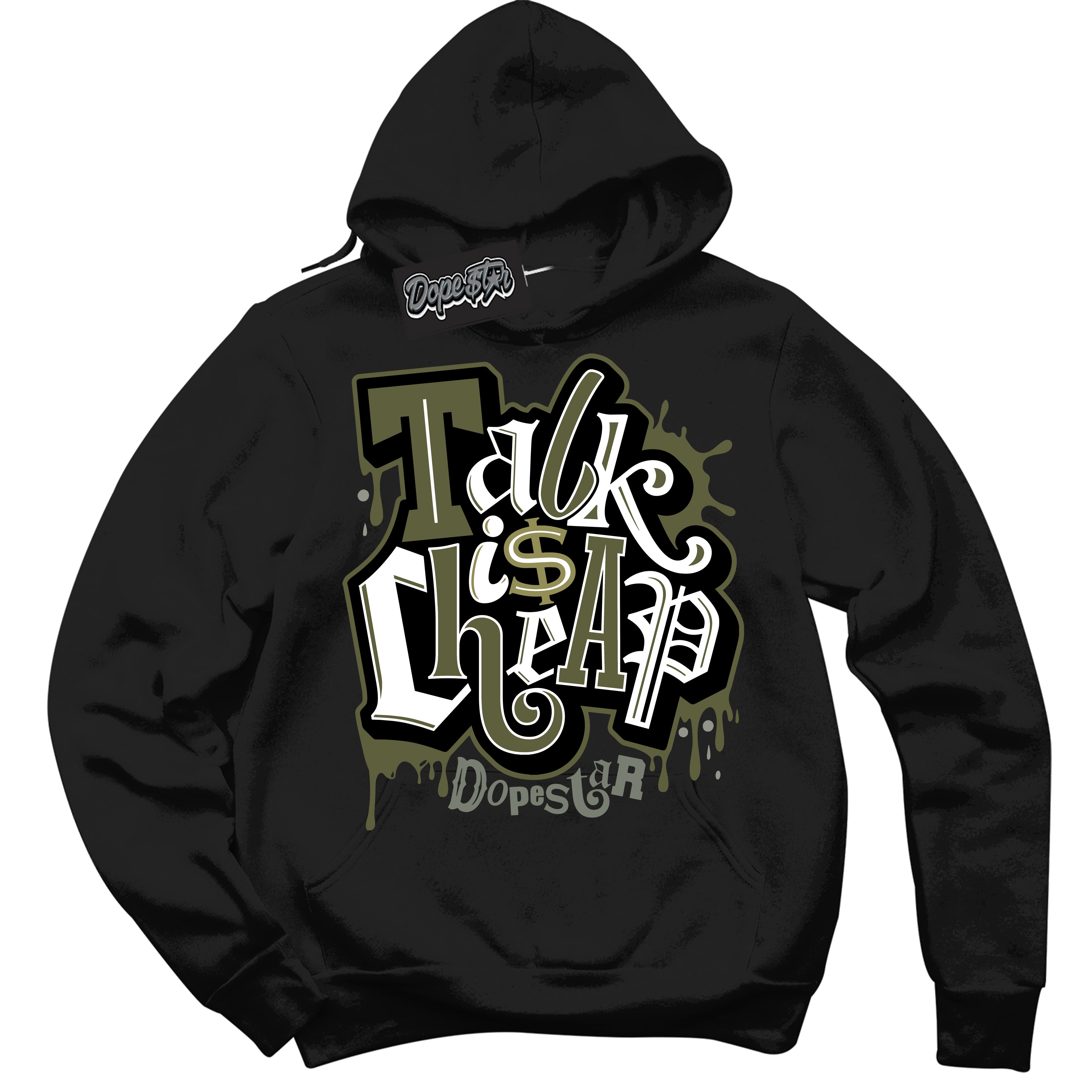 Cool Black Hoodie with “ Talk Is Cheap ”  design that Perfectly Matches Craft Olive 4s Sneakers.