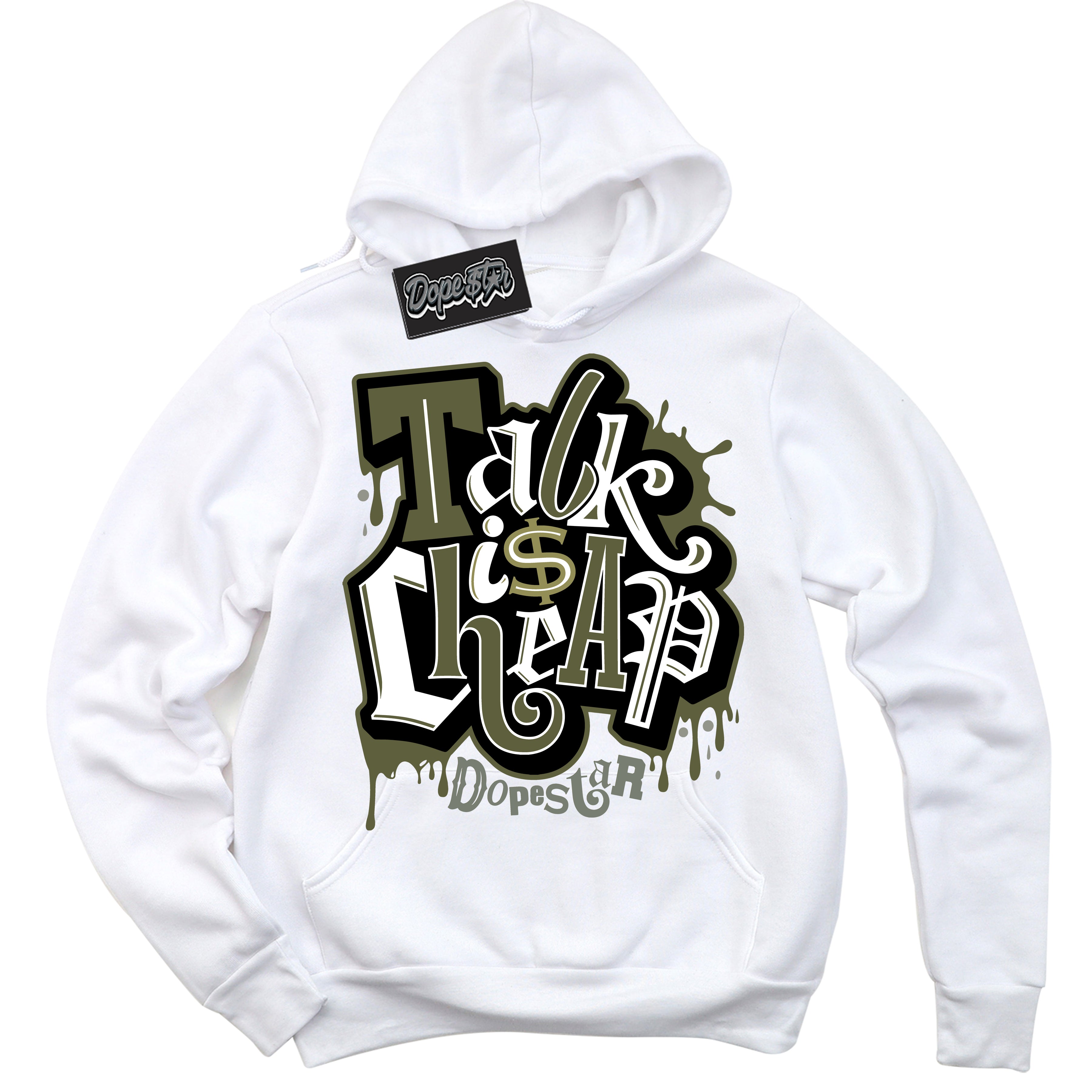 Cool White Hoodie with “ Talk Is Cheap ”  design that Perfectly Matches Craft Olive 4s Sneakers.