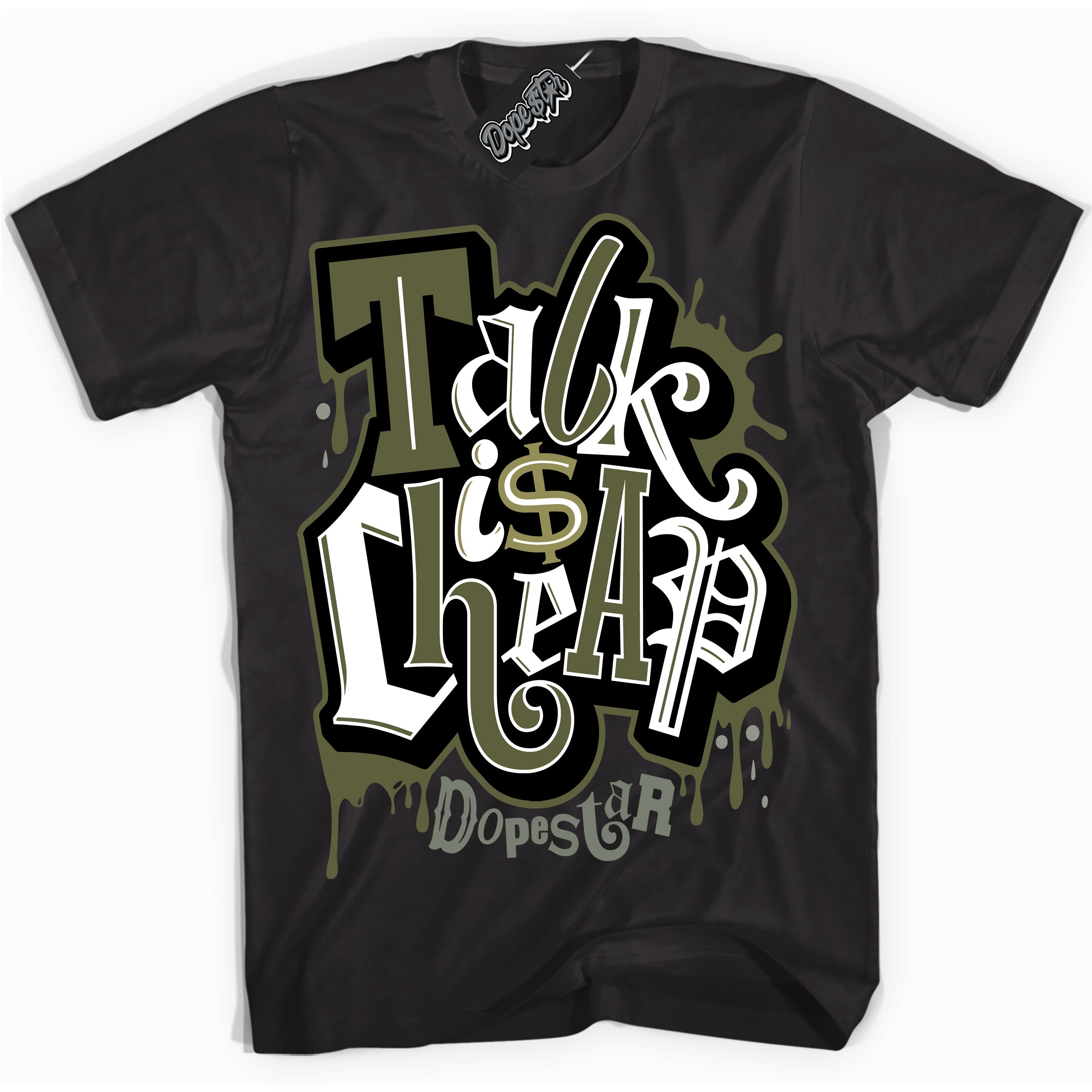 Cool Black Shirt with “ Talk Is Cheap” design that perfectly matches Craft Olive 4s Sneakers.