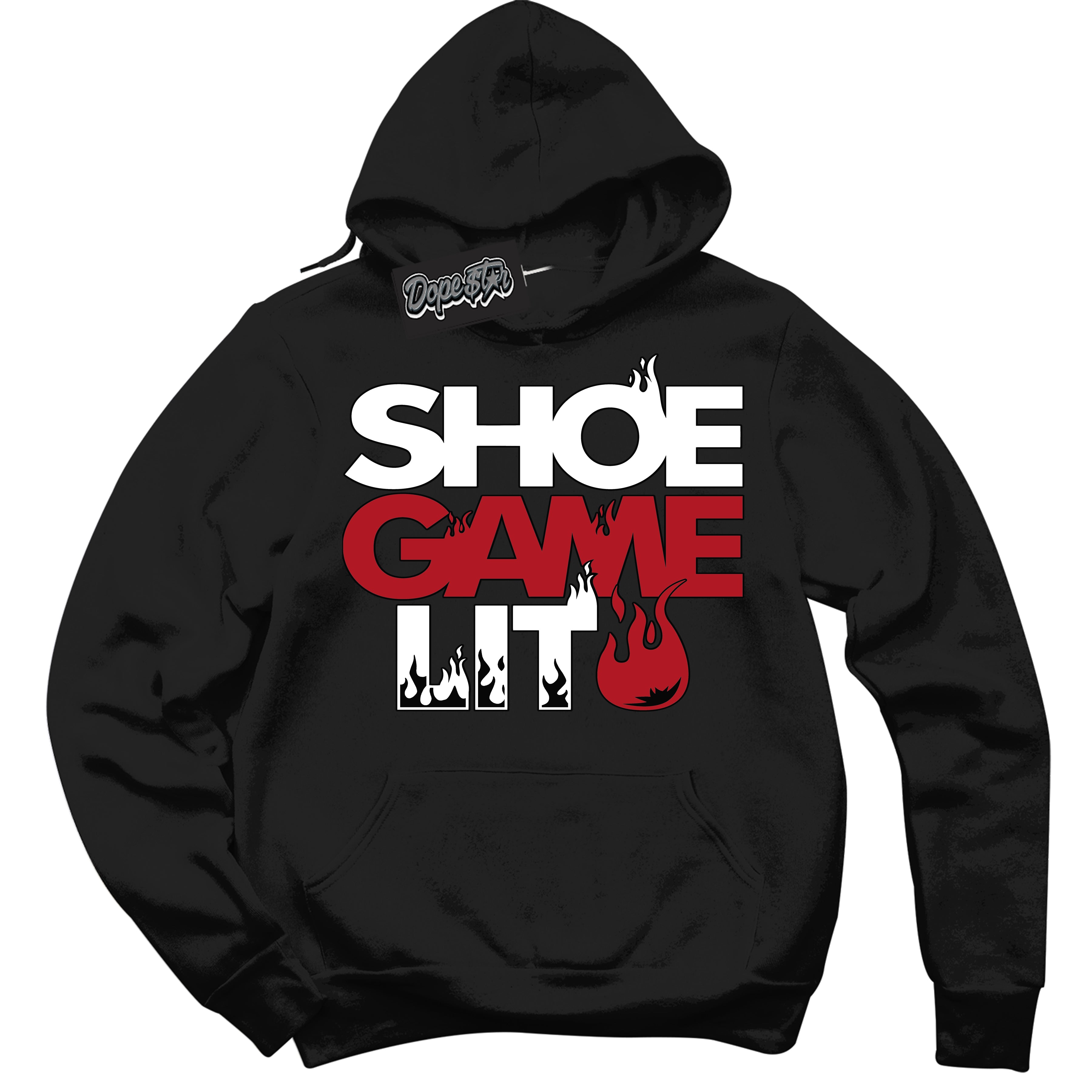 Cool Black Hoodie with “ Shoe Game Lit '' design that Perfectly Matches  Red Cement 4s Sneakers.