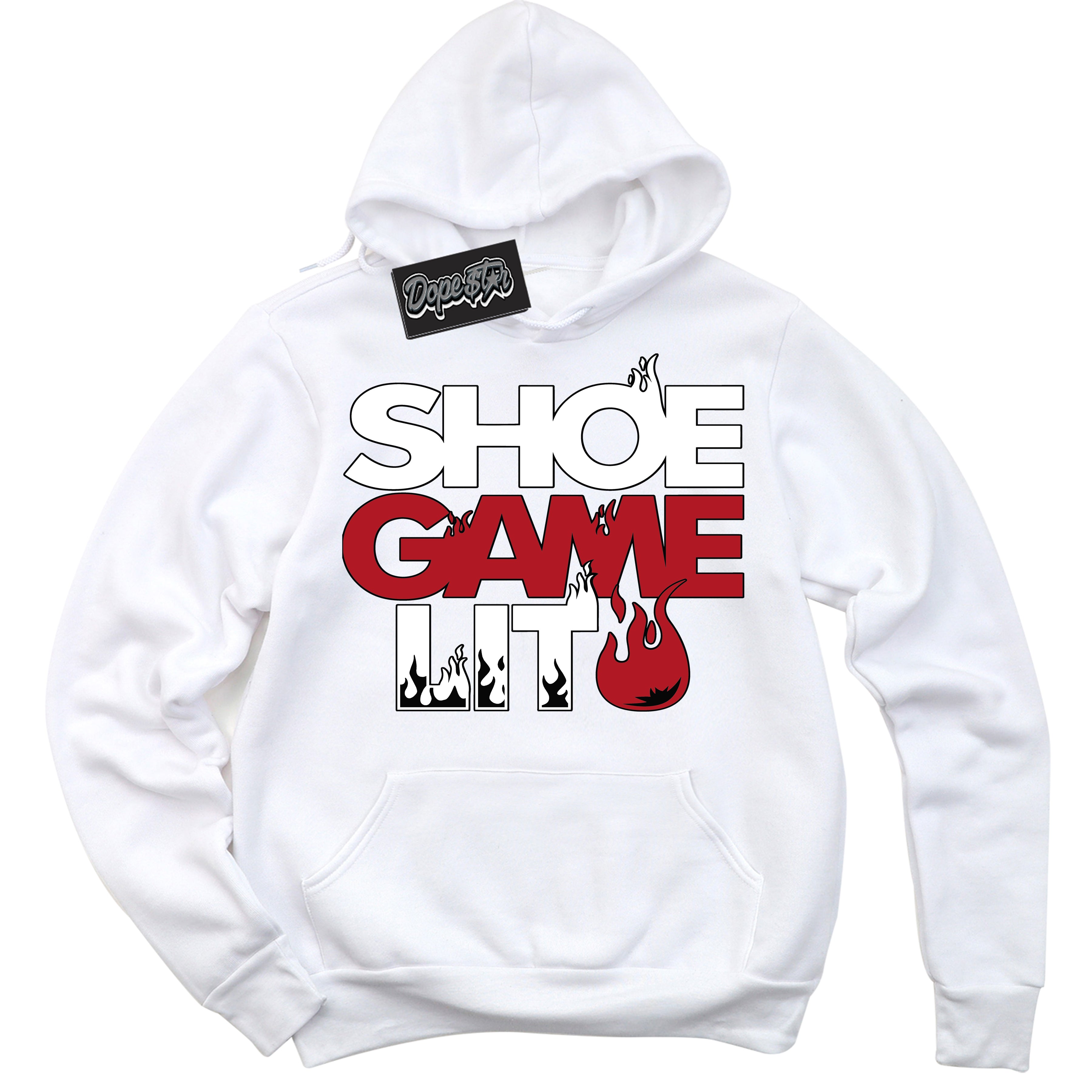 Cool White Hoodie with “ Shoe Game Lit '' design that Perfectly Matches  Red Cement 4s Sneakers.