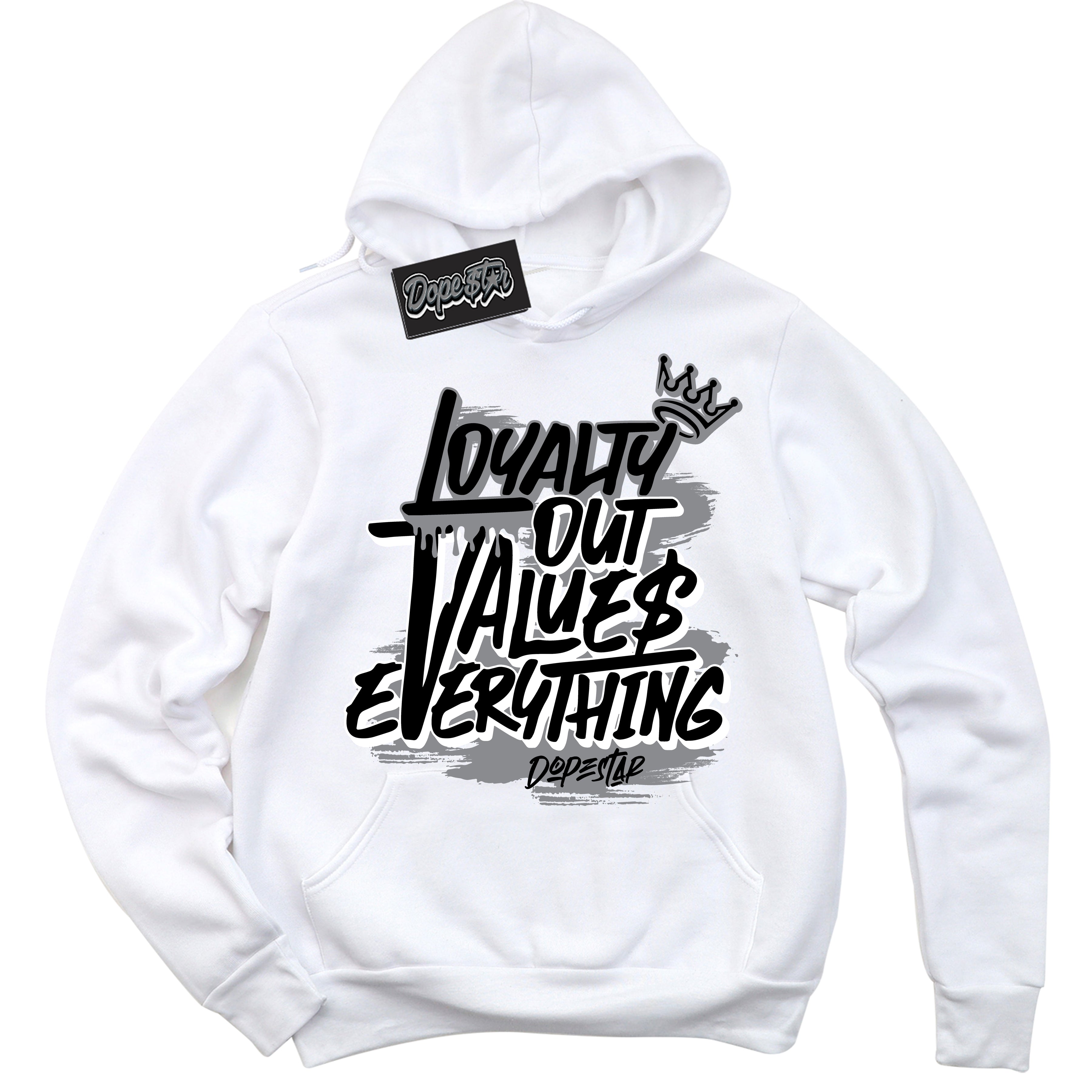 Cool White Hoodie with “ Loyalty Out Values Everything ”  design that Perfectly Matches SE Black Canvas 4s Sneakers.