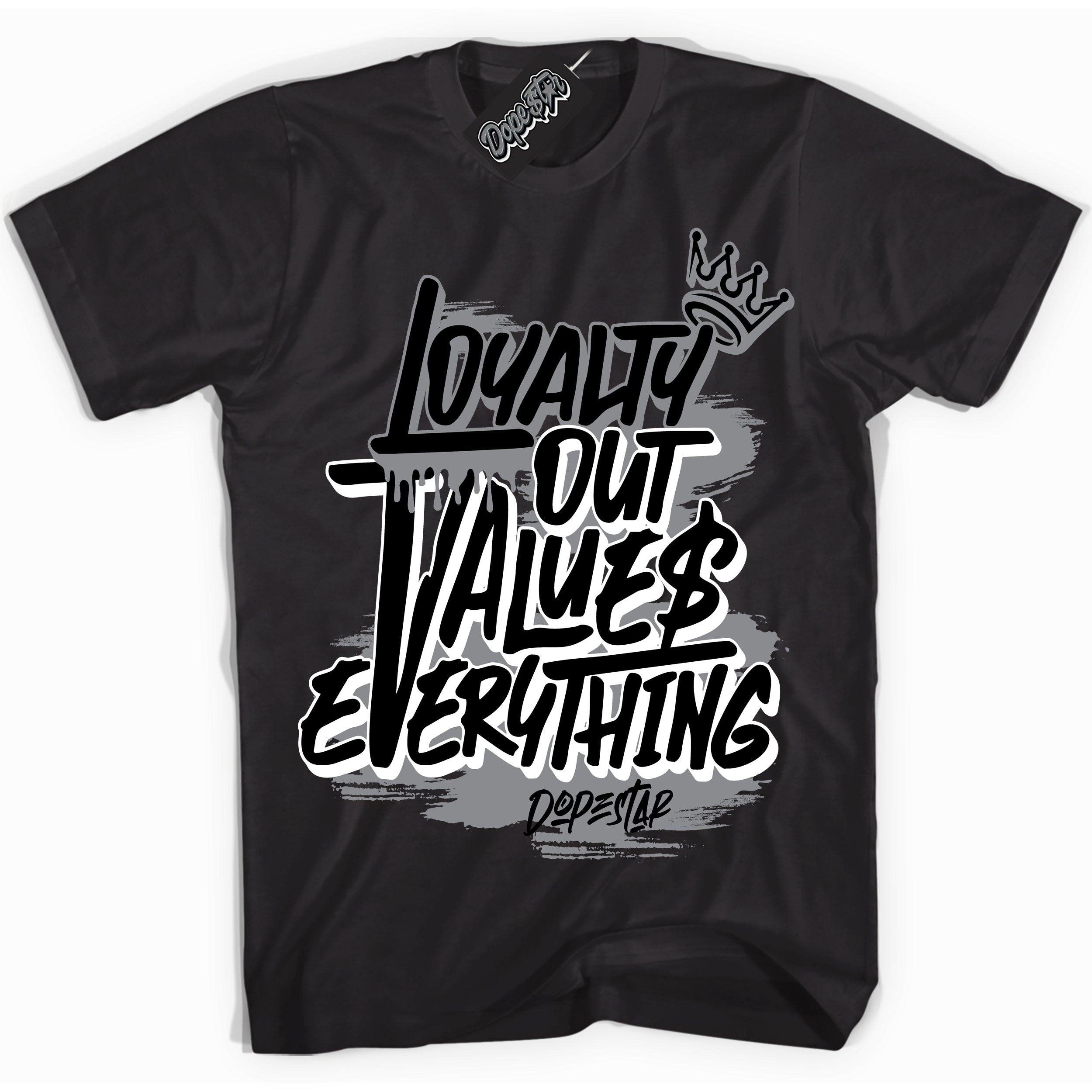Cool Black Shirt with “ Loyalty Out Values Everything” design that perfectly matches SE Black Canvas 4s Sneakers.
