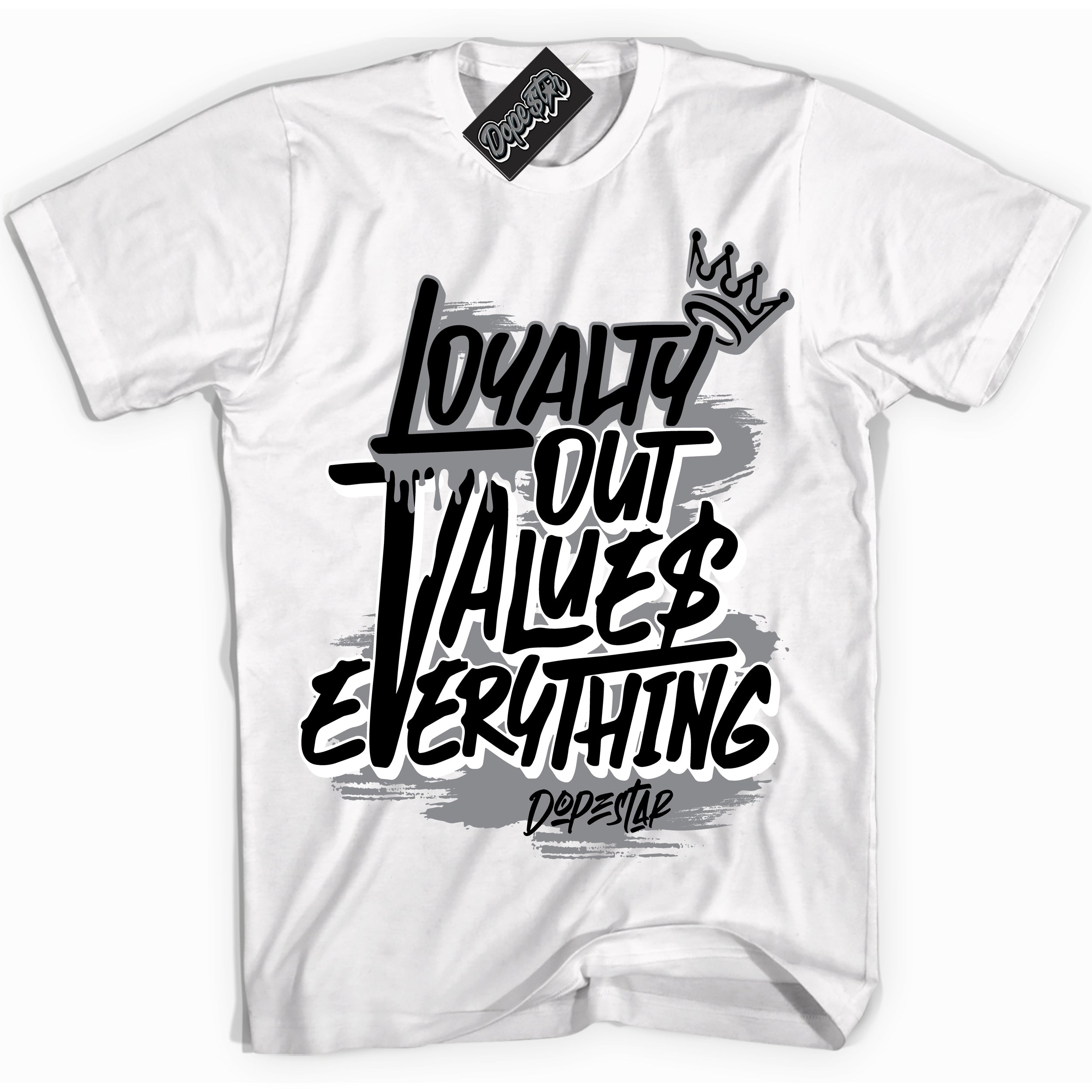 Cool White Shirt with “ Loyalty Out Values Everything” design that perfectly matches SE Black Canvas 4s Sneakers.