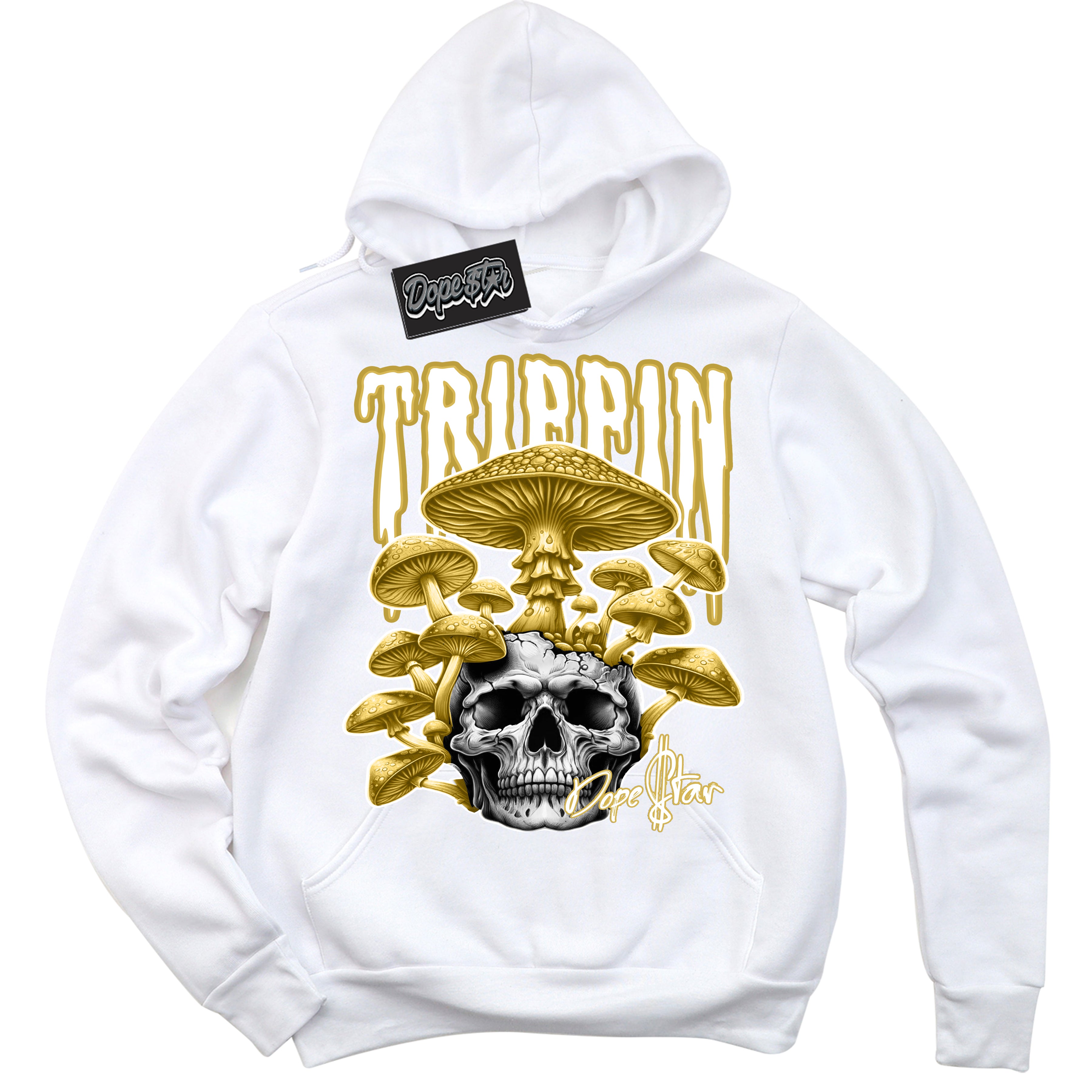 Cool White Hoodie with “ Trippin”  design that Perfectly Matches Sail Metallic Gold 4s Sneakers.