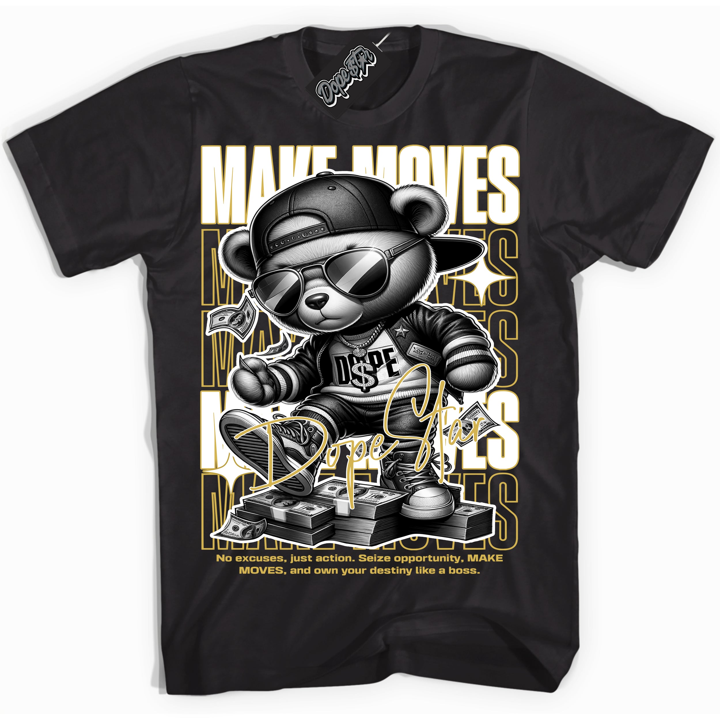 Cool Black Shirt with “ Makin Moves” design that perfectly matches Sail Metallic Gold 4s Sneakers.