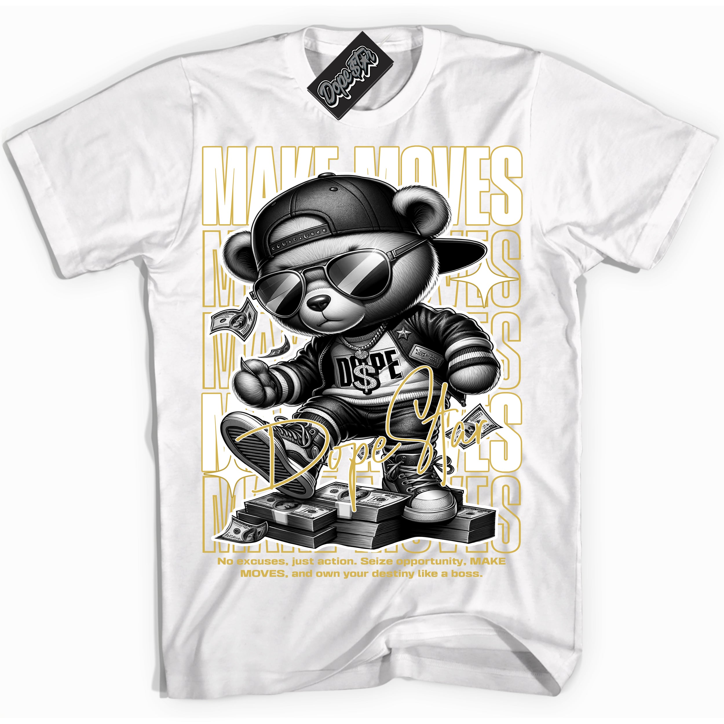 Cool White Shirt with “ Makin Moves” design that perfectly matches Sail Metallic Gold 4s Sneakers.