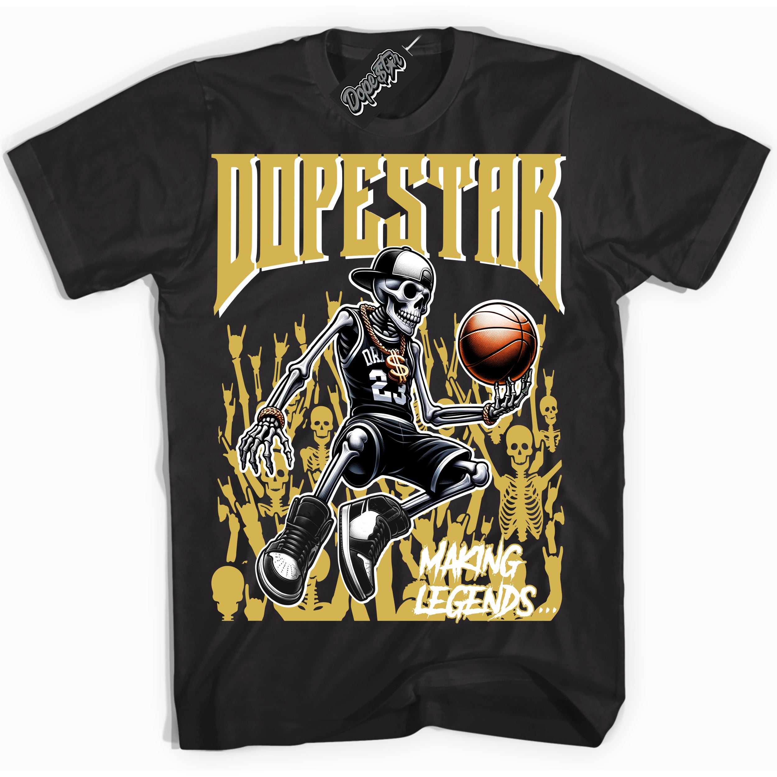 Cool Black Shirt with “ Making Legends ” design that perfectly matches Sail Metallic Gold 4s Sneakers.