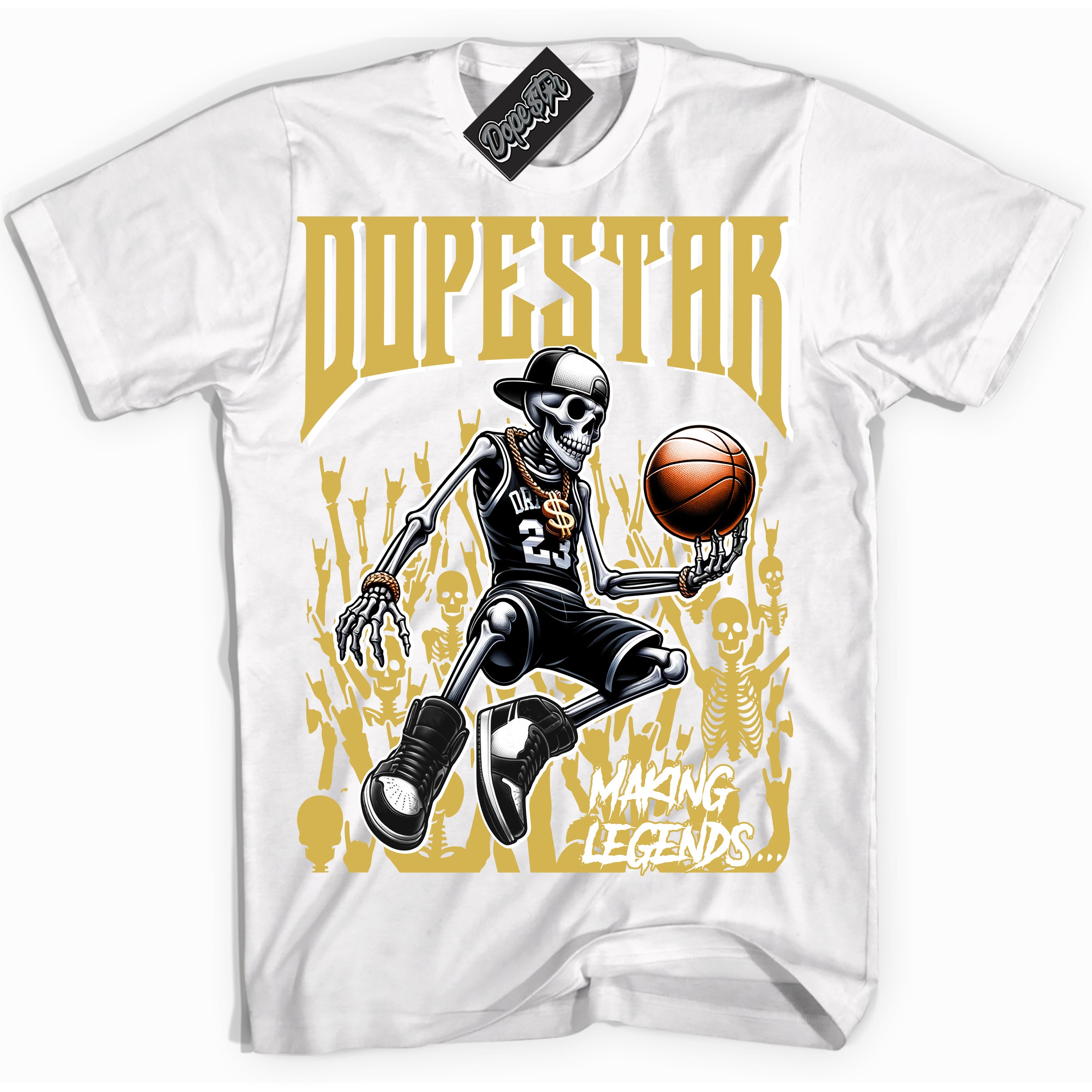 Cool White Shirt with “ Making Legends ” design that perfectly matches Sail Metallic Gold 4s Sneakers.