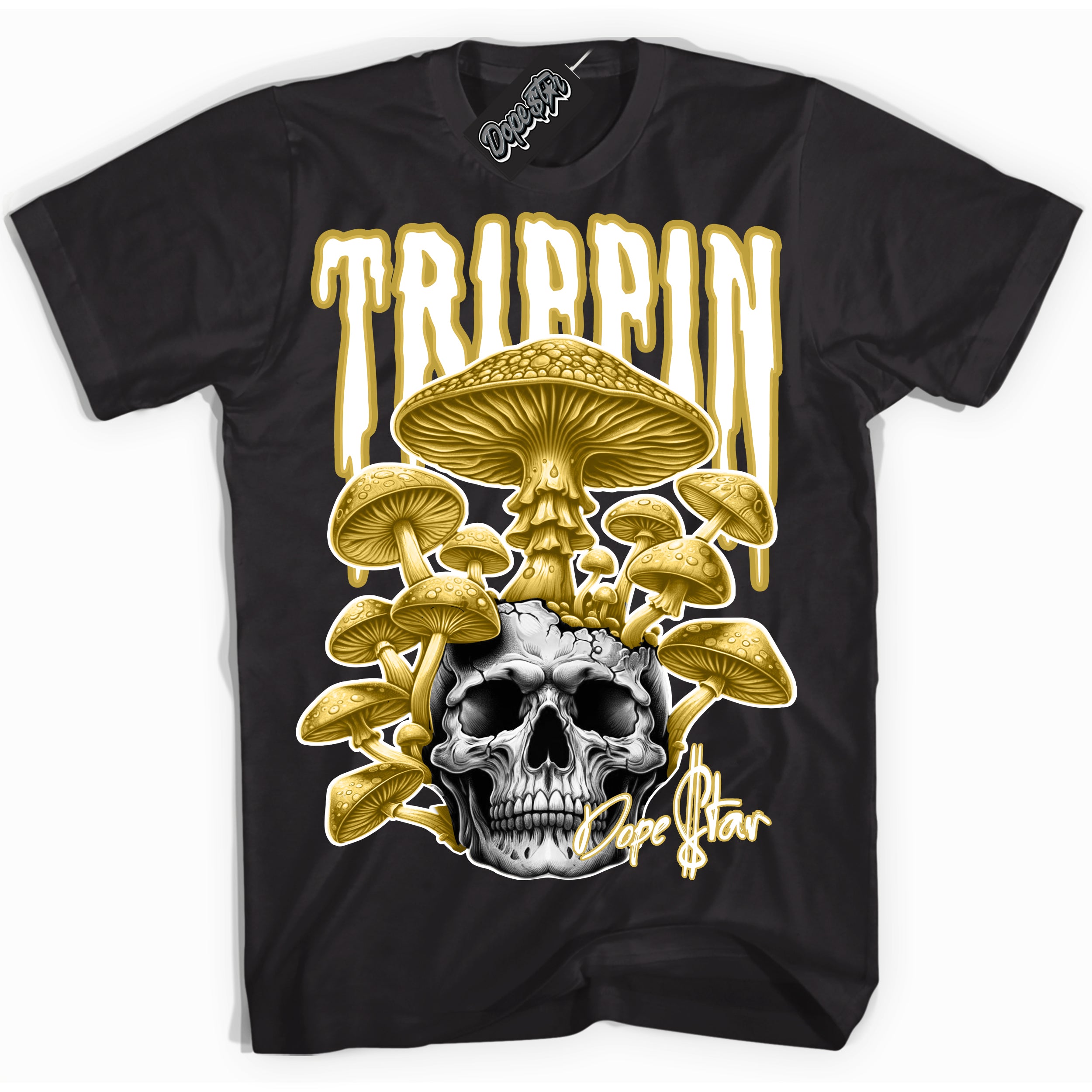 Cool Black Shirt with “ Trippin” design that perfectly matches Sail Metallic Gold 4s Sneakers.