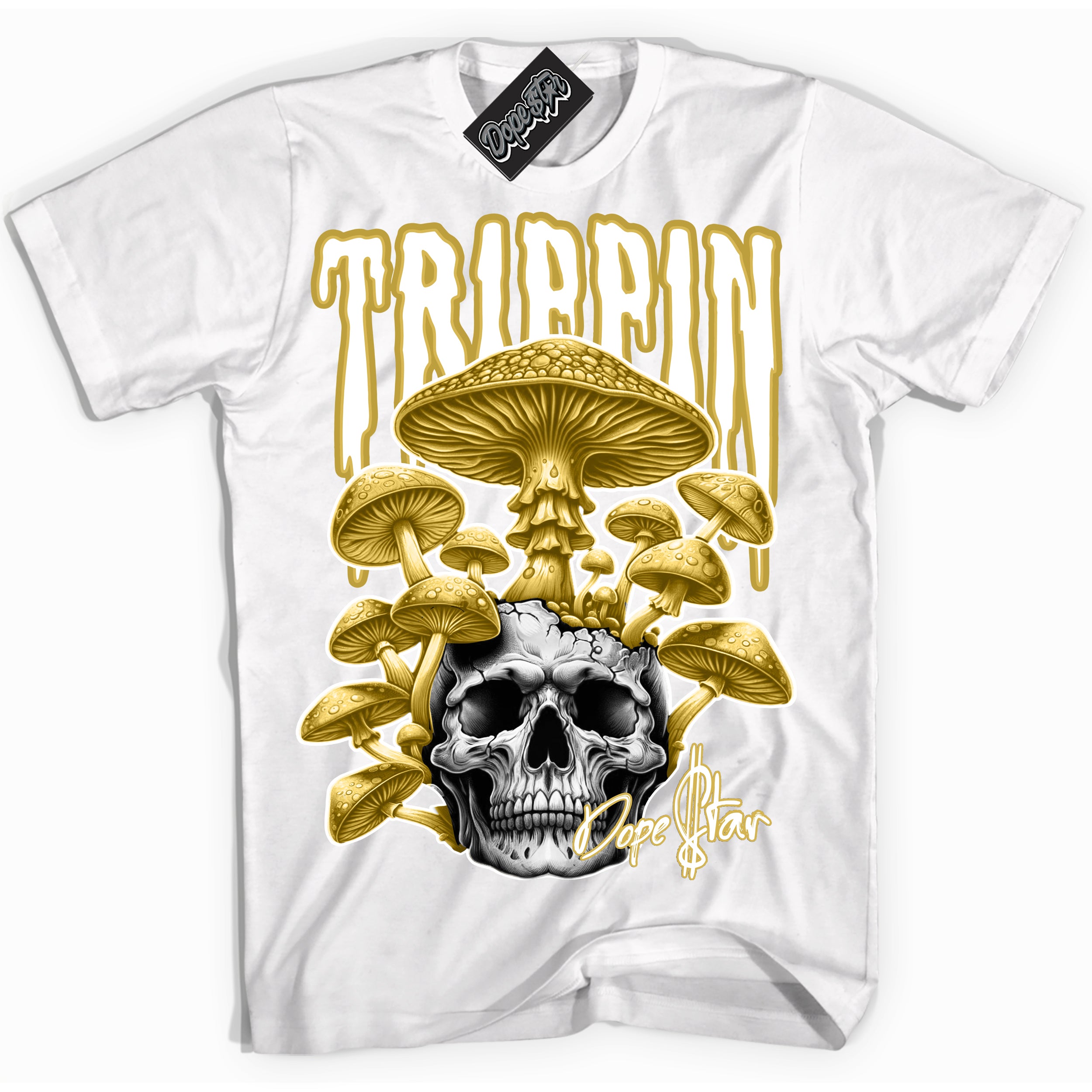 Cool White Shirt with “ Trippin” design that perfectly matches Sail Metallic Gold 4s Sneakers.