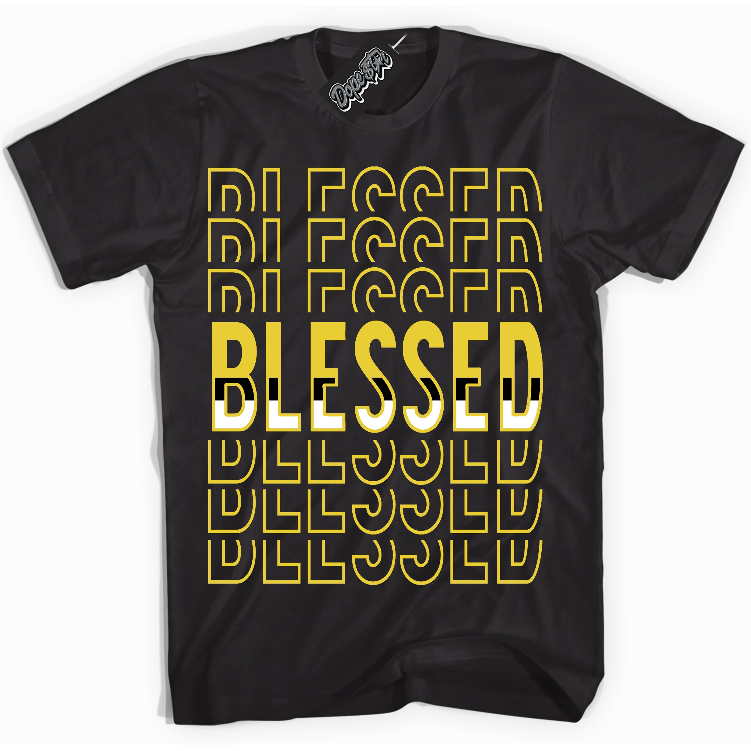 Cool Black Shirt with “ Blessed Stacked” design that perfectly matches Vivid Sulfur 4s Jordans.
