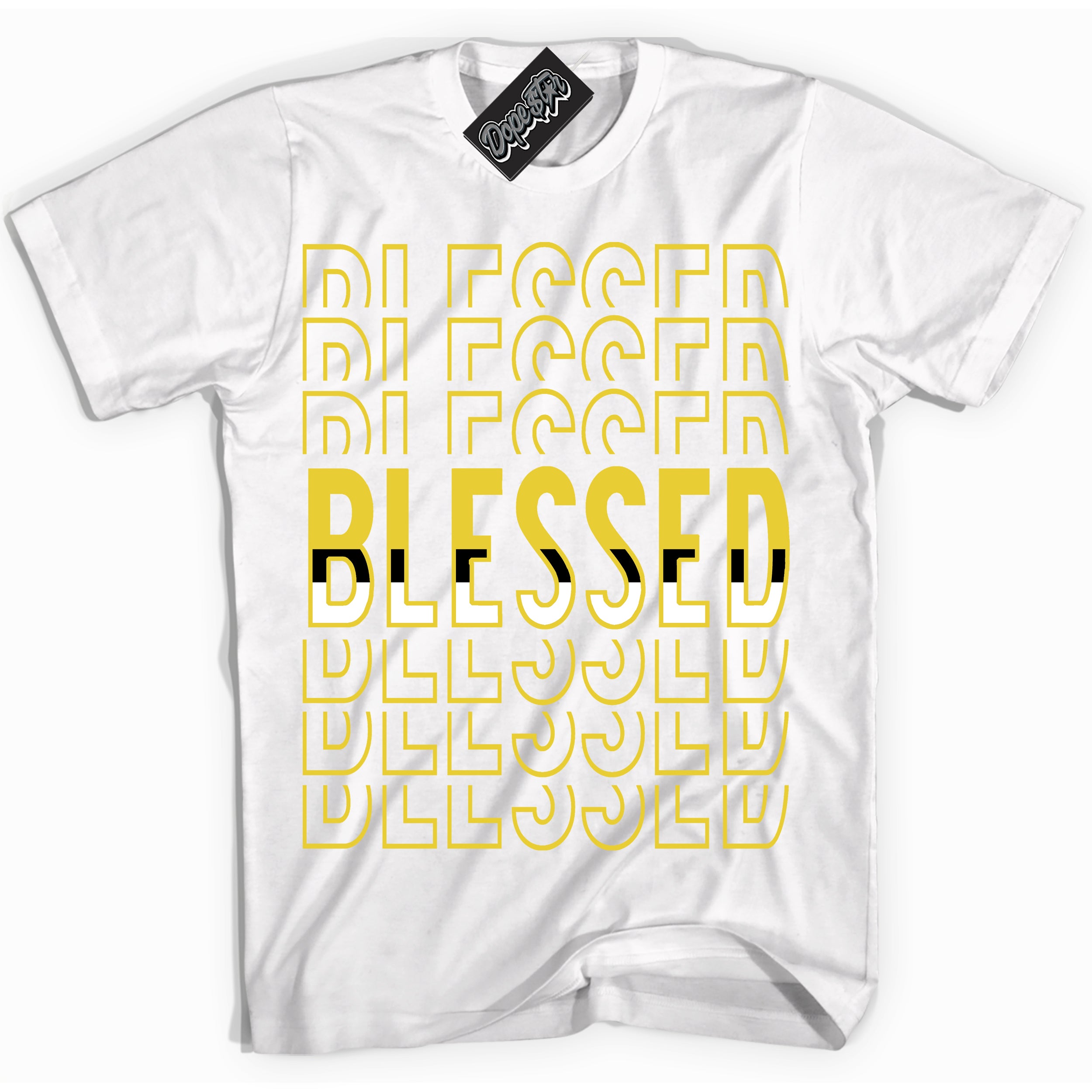 Cool White Shirt with “ Blessed Stacked” design that perfectly matches Vivid Sulfur 4s Jordans.
