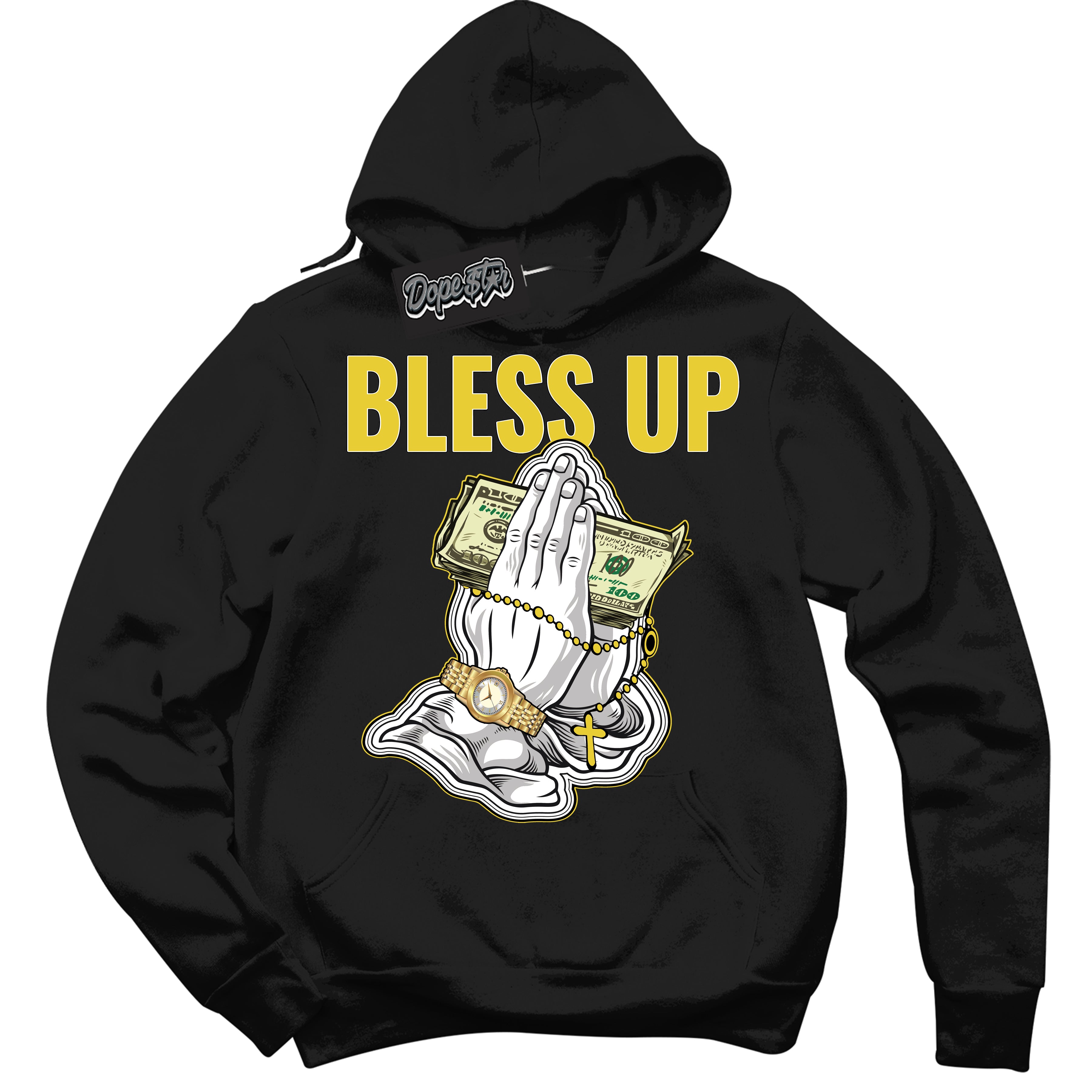 Cool Black Hoodie with “ Bless Up ”  design that Perfectly Matches Vivid Sulfur 4s Jordans.
