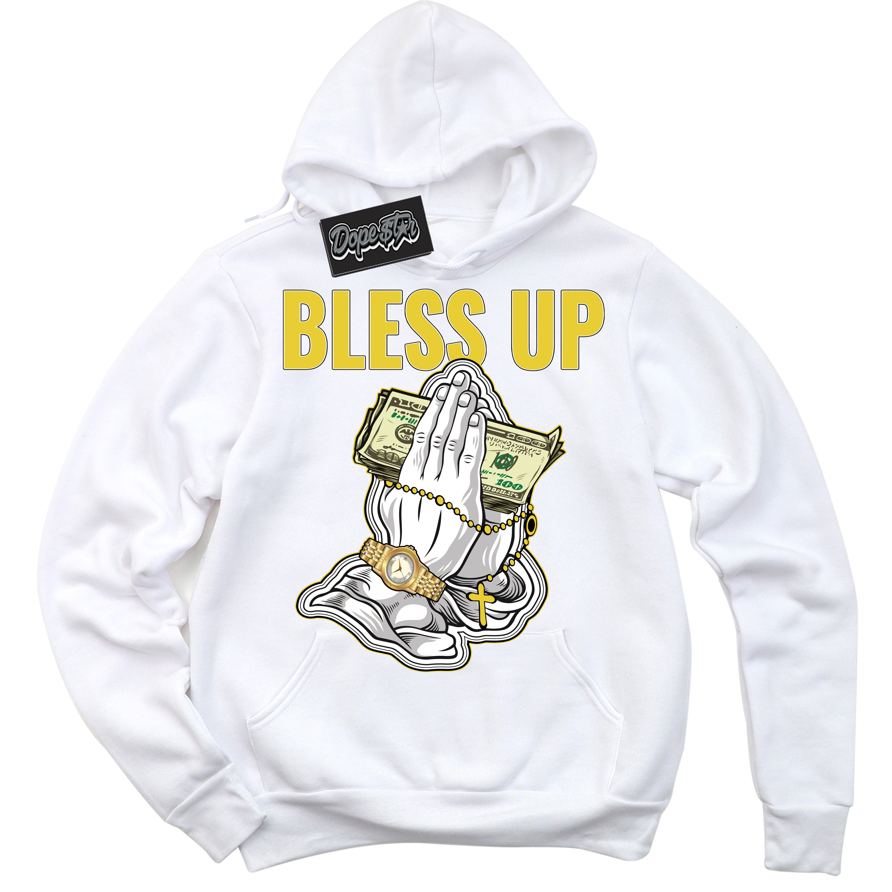 Cool White Hoodie with “ Bless Up ”  design that Perfectly Matches Vivid Sulfur 4s Jordans.
