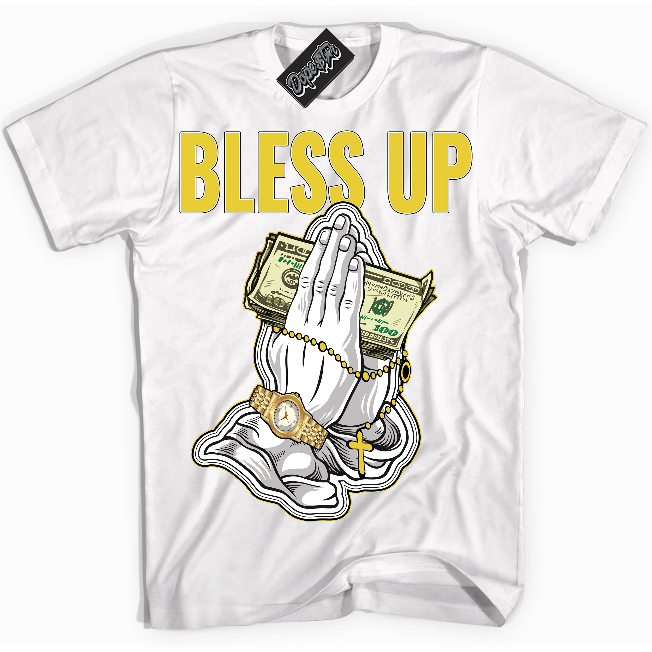 Cool White Shirt with “ Bless Up” design that perfectly matches Vivid Sulfur 4s Jordans.
